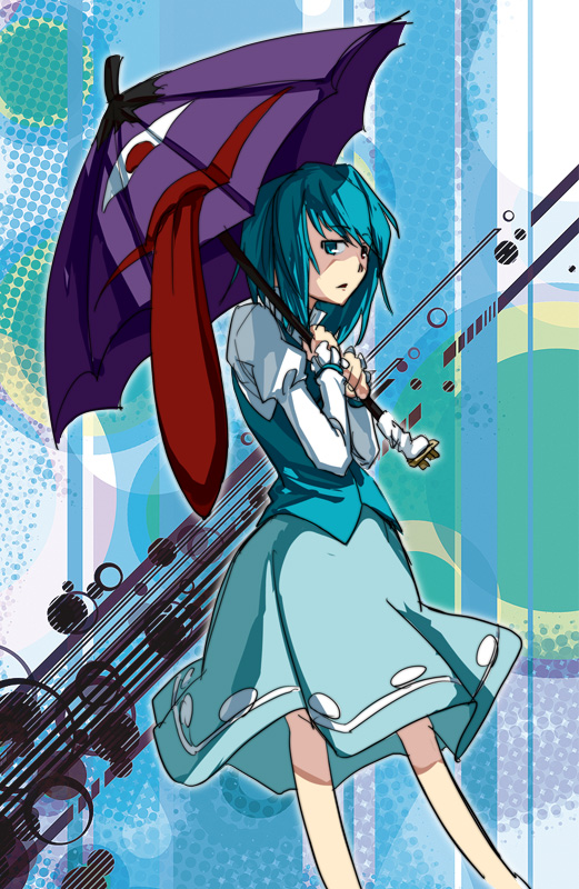 tatara kogasa, touhou, 1girl, aqua eyes, aqua hair, blue hair, female focus, geta, halftone, halftone background, karakasa obake, short hair, skirt, solo, tongue, umbrella