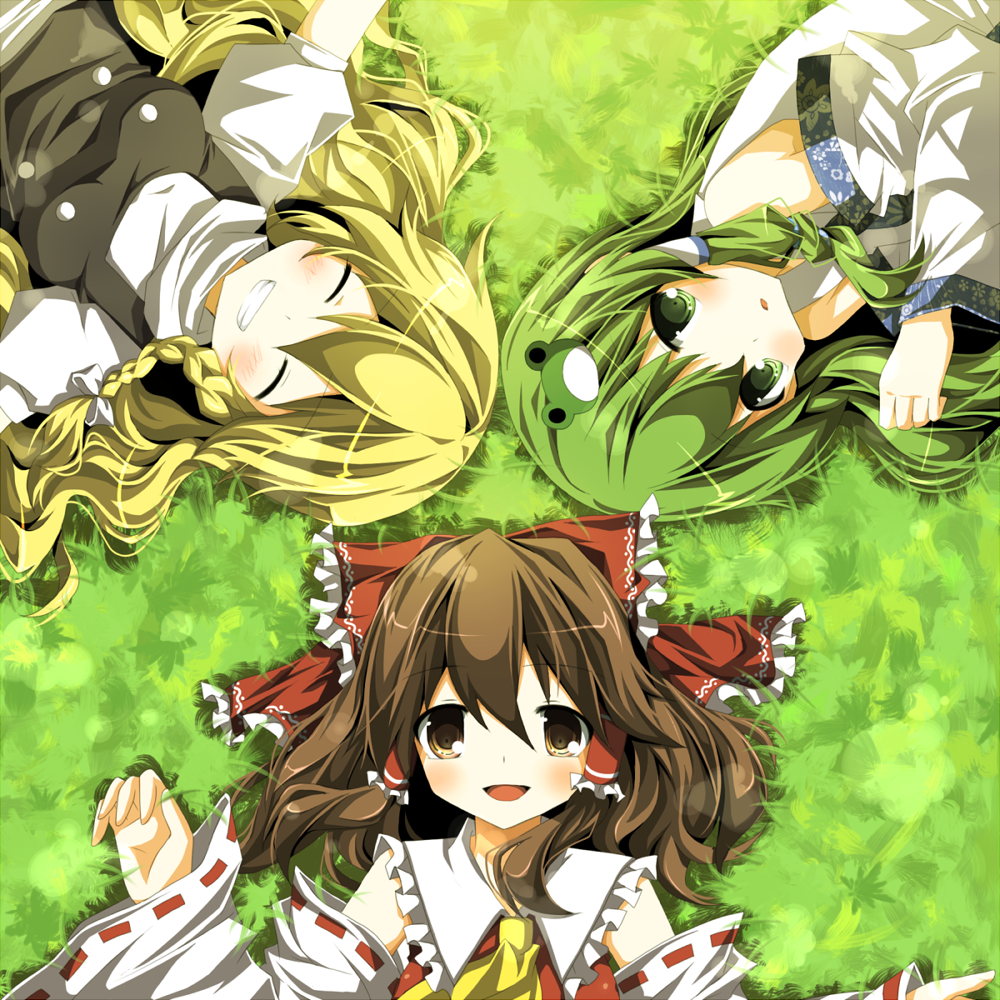chiruku, hakurei reimu, kirisame marisa, kochiya sanae, touhou, bad id, bad pixiv id, 3girls, blonde hair, brown eyes, brown hair, female focus, grass, green eyes, green hair, lying, multiple girls
