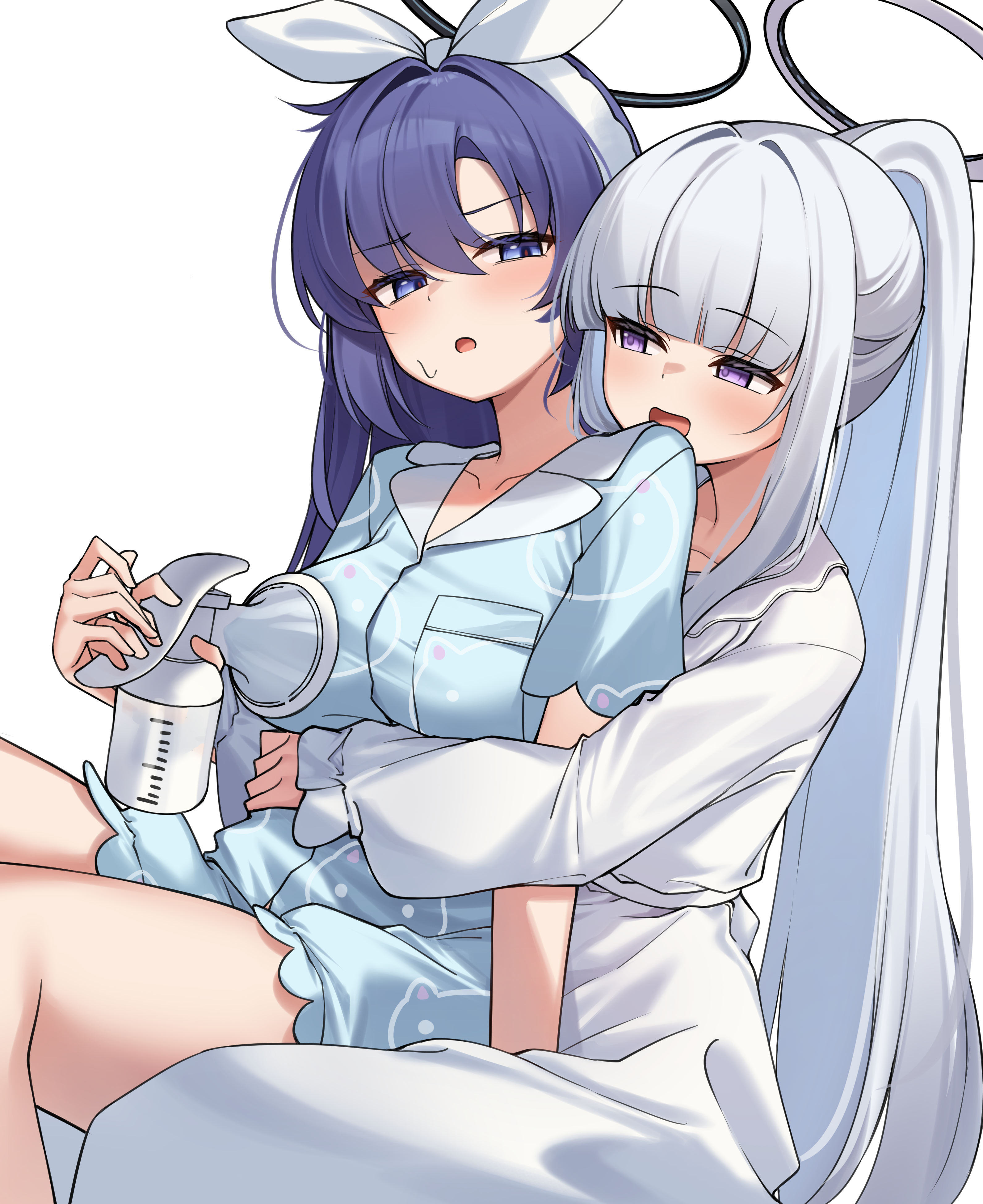 ziro (zirorong), noa (blue archive), noa (pajamas) (blue archive), yuuka (blue archive), yuuka (pajamas) (blue archive), blue archive, absurdres, commentary request, highres, korean commentary, 2girls, black halo, blue eyes, blue hair, blue pajamas, breasts, grey hair, hairband, halo, hug, hug from behind, long hair, looking at another, mechanical halo, medium breasts, multiple girls, official alternate costume, open mouth, pajamas, ponytail, purple eyes, simple background, sitting, smile, thighs, white background, white hairband, white halo, white pajamas, yuri