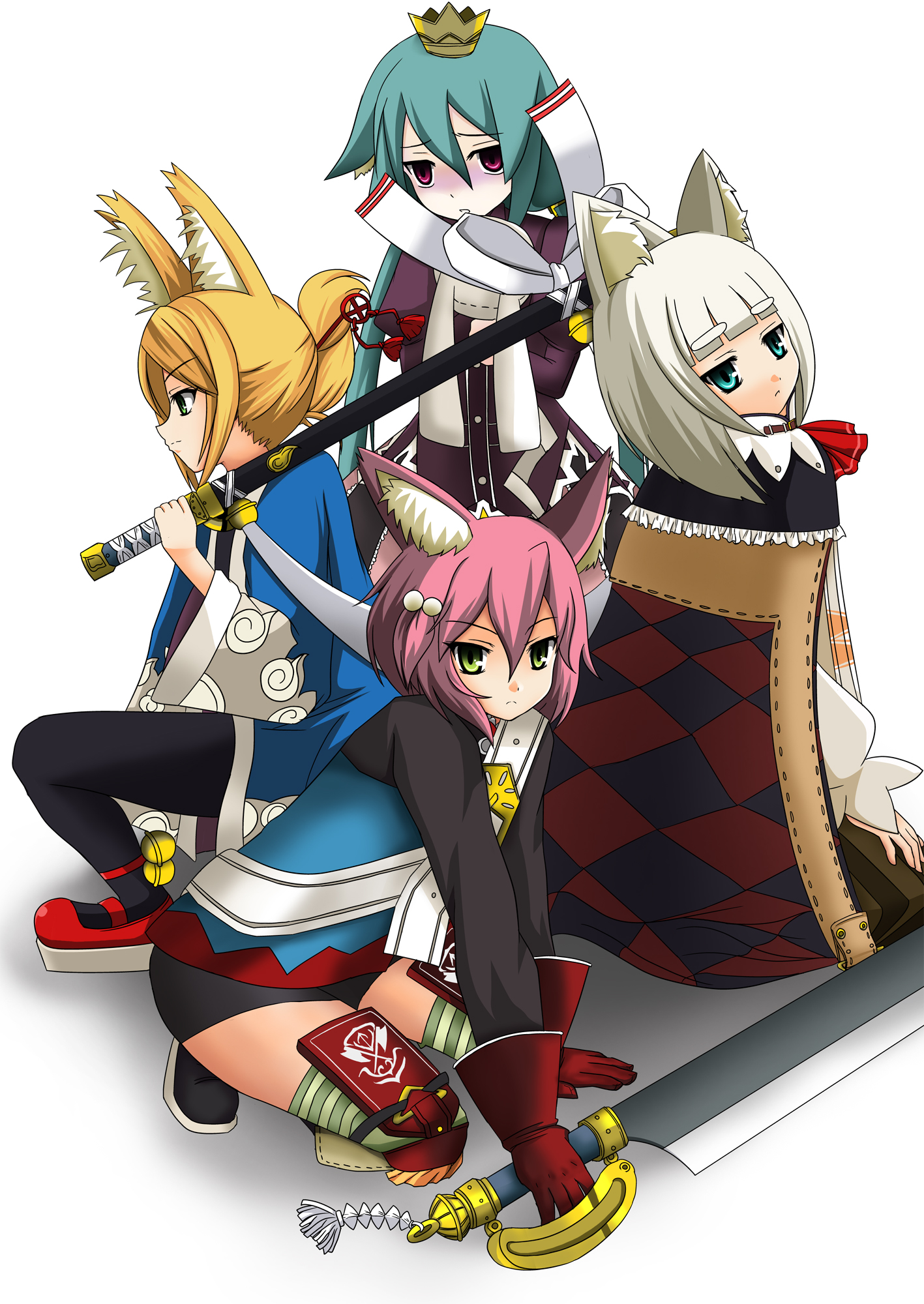 natsuzakura yuuki, fighter (7th dragon), harukara (7th dragon), ikurakun (7th dragon), mage (7th dragon), momomeno (7th dragon), namuna (7th dragon), princess (7th dragon), samurai (7th dragon), 7th dragon, 7th dragon (series), bad id, bad pixiv id, highres, 4girls, animal ears, blonde hair, cape, cat ears, crown, fox ears, green hair, multiple girls, pink hair, sword, weapon, white hair