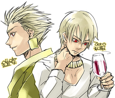 gilgamesh (fate), fate/stay night, fate (series), type-moon, lowres, non-web source, 00s, 2boys, blonde hair, male focus, multiple boys, official alternate costume, red eyes