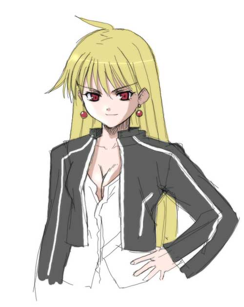 gilgamesh-ko, gilgamesh (fate), gilgamesh (immoral biker jacket) (fate), fate/stay night, fate (series), type-moon, non-web source, 00s, 1girl, blonde hair, breasts, cleavage, earrings, female focus, genderswap, genderswap (mtf), jewelry, long hair, medium breasts, official alternate costume, red eyes, solo