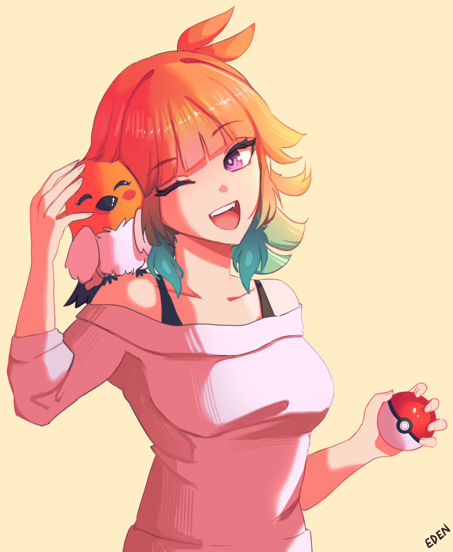 eden exile, fletchling, takanashi kiara, hololive, hololive english, nintendo, pokemon, highres, 1girl, ;d, animal, animal on shoulder, bird, bird on shoulder, breasts, collarbone, gen 6 pokemon, gradient hair, green hair, holding, holding poke ball, medium breasts, multicolored hair, off-shoulder sweater, off shoulder, one eye closed, open mouth, orange hair, petting, poke ball, poke ball (basic), pokemon (creature), purple eyes, simple background, smile, solo, sweater, upper body, white sweater, yellow background