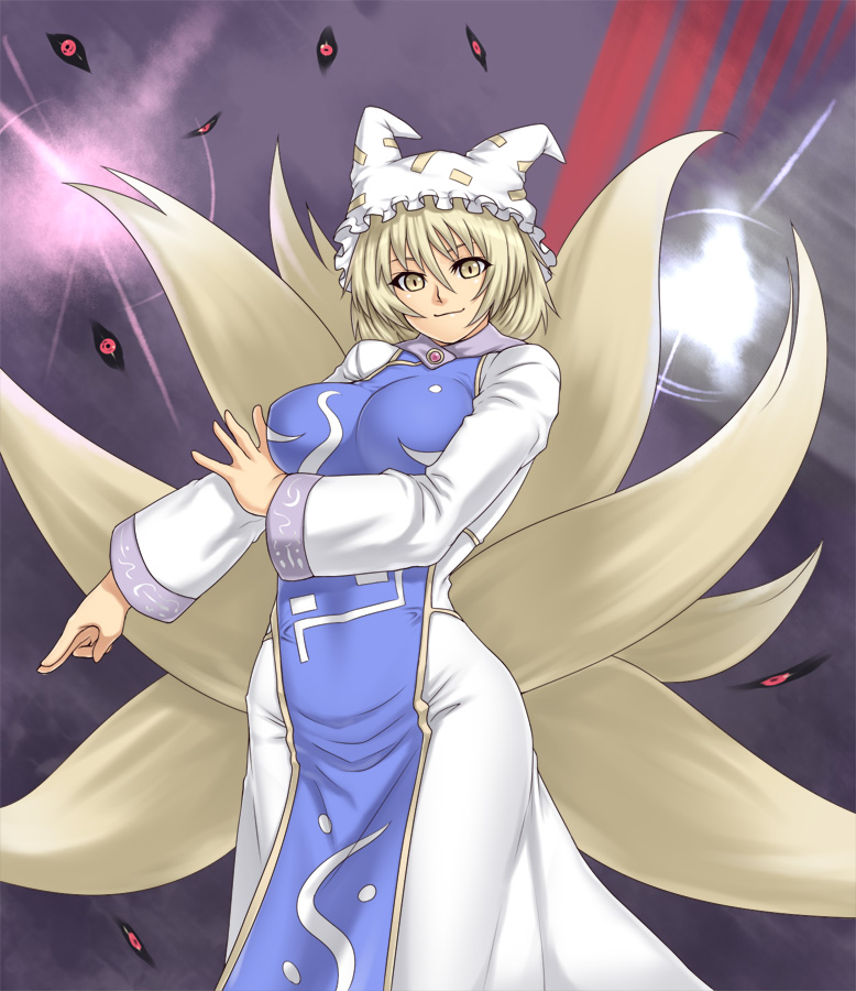 houtengeki, yakumo ran, touhou, 1girl, animal hat, blonde hair, breasts, dress, female focus, frilled hat, frills, hat, large breasts, long sleeves, mob cap, multiple tails, short hair, solo, tabard, tail, white dress, yellow eyes