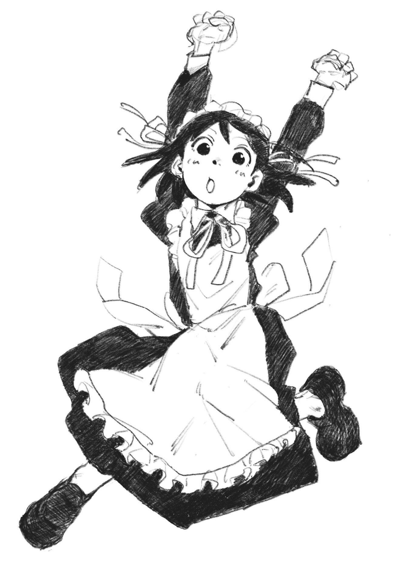 arashiyama hotori, soredemo machi wa mawatteiru, highres, 1girl, am 0 52, apron, arms up, dress, greyscale, looking at viewer, maid, maid headdress, monochrome, one side up, open mouth, ribbon, shoes, simple background, solo, white background