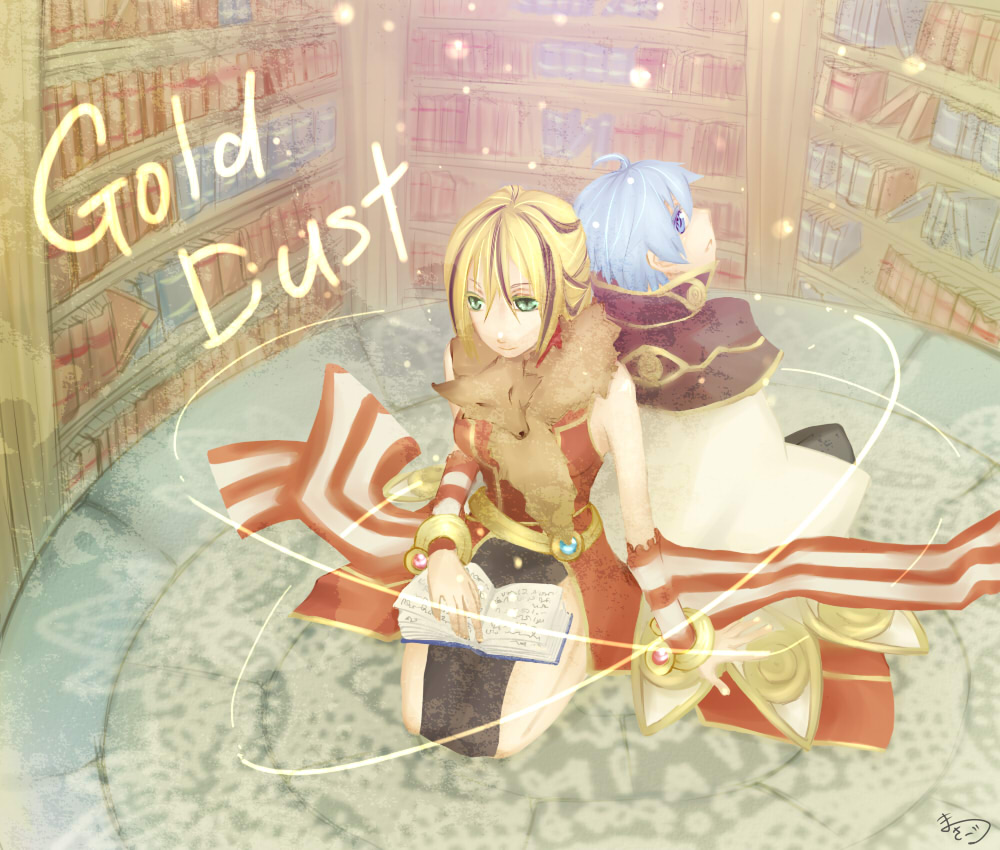 mage (ragnarok online), professor (ragnarok online), ragnarok online, commentary request, 1boy, 1girl, ahoge, animal, animal around neck, back-to-back, blonde hair, blue eyes, blue hair, book, bookshelf, breasts, brown capelet, brown hair, cape, capelet, closed mouth, detached sleeves, dress, fox, full body, green eyes, holding, holding book, library, looking at viewer, masago (abyss child), medium breasts, multicolored hair, open book, pelvic curtain, red dress, red sleeves, seiza, short hair, sitting, sleeveless, sleeveless dress, streaked hair, striped sleeves, white cape, white sleeves