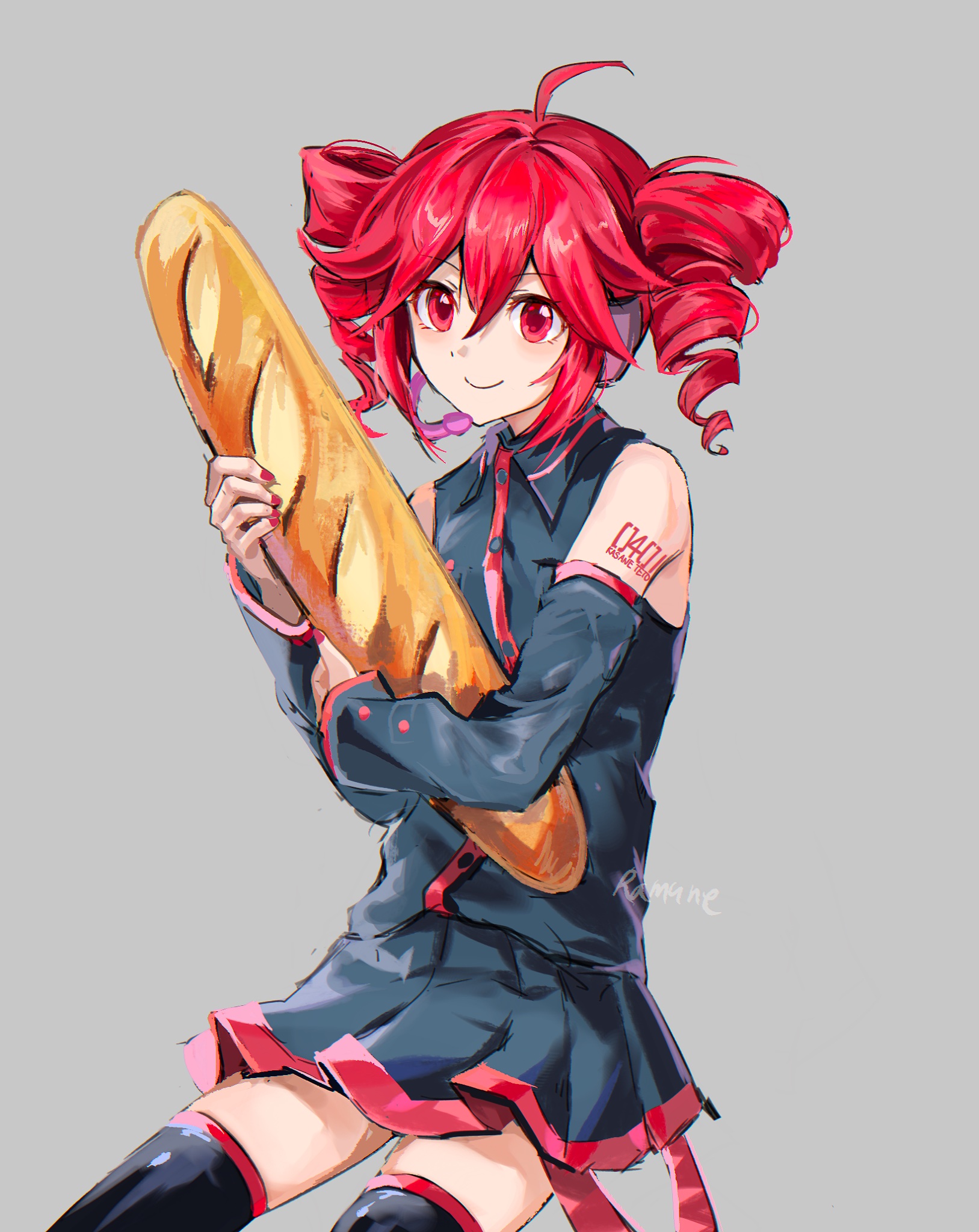 ramune55ni, kasane teto, kasane teto (utau), utau, hashtag-only commentary, highres, 1girl, ahoge, artist name, baguette, bare shoulders, black shirt, black skirt, black sleeves, black thighhighs, bread, chromatic aberration, closed mouth, collared shirt, detached sleeves, double-parted bangs, drill hair, flat chest, food, grey background, hair between eyes, headphones, headset, holding, holding food, invisible chair, long sleeves, looking ahead, miniskirt, nail polish, number tattoo, pleated skirt, red eyes, red hair, red nails, red trim, shirt, shoulder tattoo, simple background, sitting, skirt, sleeveless, sleeveless shirt, smile, solo, tattoo, thighhighs, twin drills, zettai ryouiki