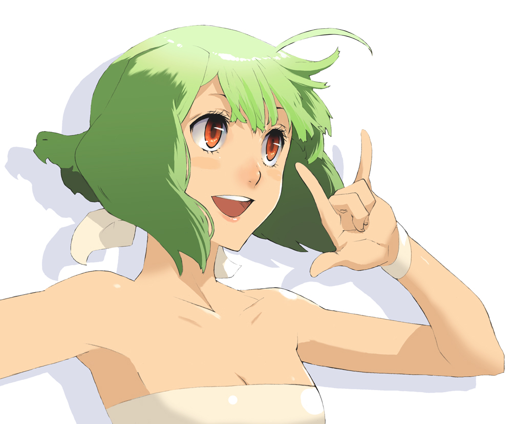 enami katsumi, ranka lee, macross, macross frontier, bad id, bad pixiv id, 00s, 1girl, ahoge, breasts, cleavage, eyelashes, female focus, green hair, m/, orange eyes, small breasts, solo