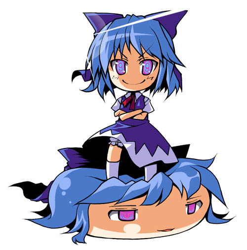 utsurogi angu, cirno, code geass, touhou, bad id, bad pixiv id, 2girls, blue hair, circled 9, dress, female focus, full body, geass, multiple girls, parody, ribbon, simple background, solo, white background, yukkuri shiteitte ne