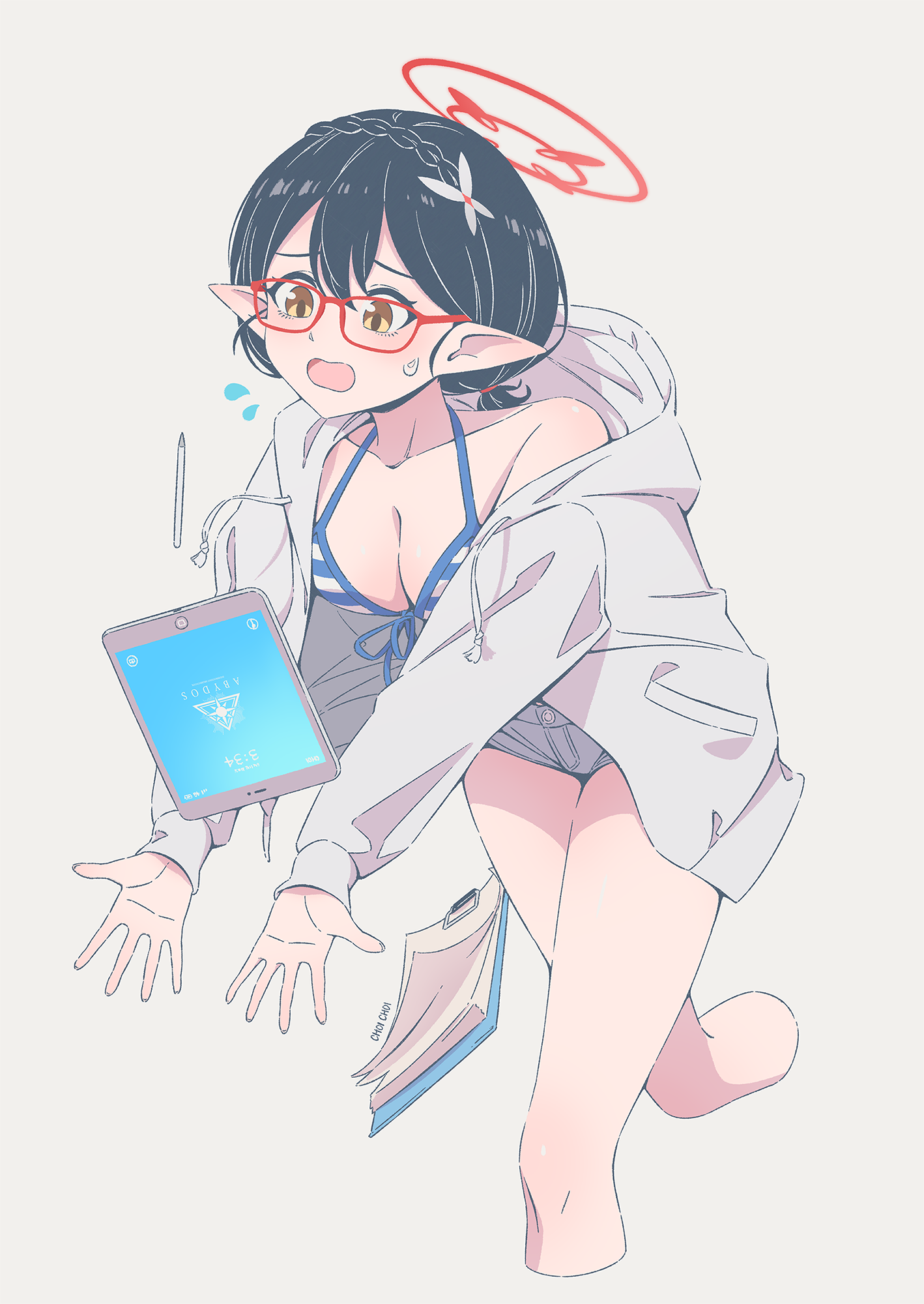 iohc choi, ayane (blue archive), blue archive, 1girl, artist name, halo, paper, pen, pointy ears, simple background, solo, swimsuit, tablet pc, white background