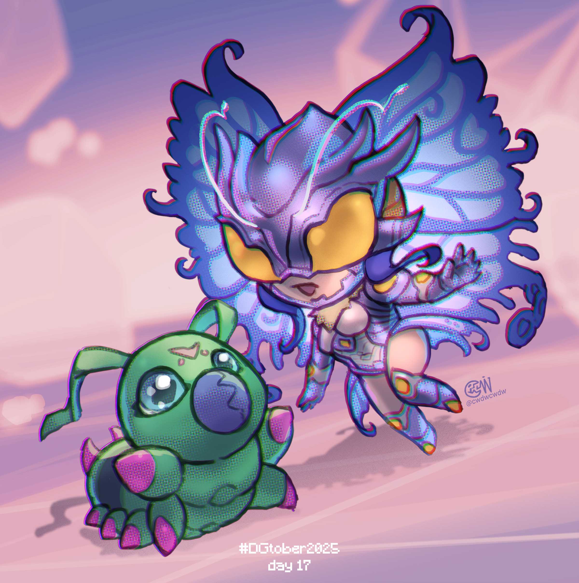 cwdw, hudiemon, wormmon, digimon, digimon story: cyber sleuth, digimon story: cyber sleuth hacker's memory, absurdres, highres, 1boy, 1girl, breasts, bug, butterfly, butterfly wings, caterpillar, chibi, chibi only, digimon (creature), eyewear on head, fur collar, helmet, insect, insect wings, large breasts, leotard, monster, monster girl, shoulder pads, skirt, thick thighs, thighhighs, thighs, wings, worm