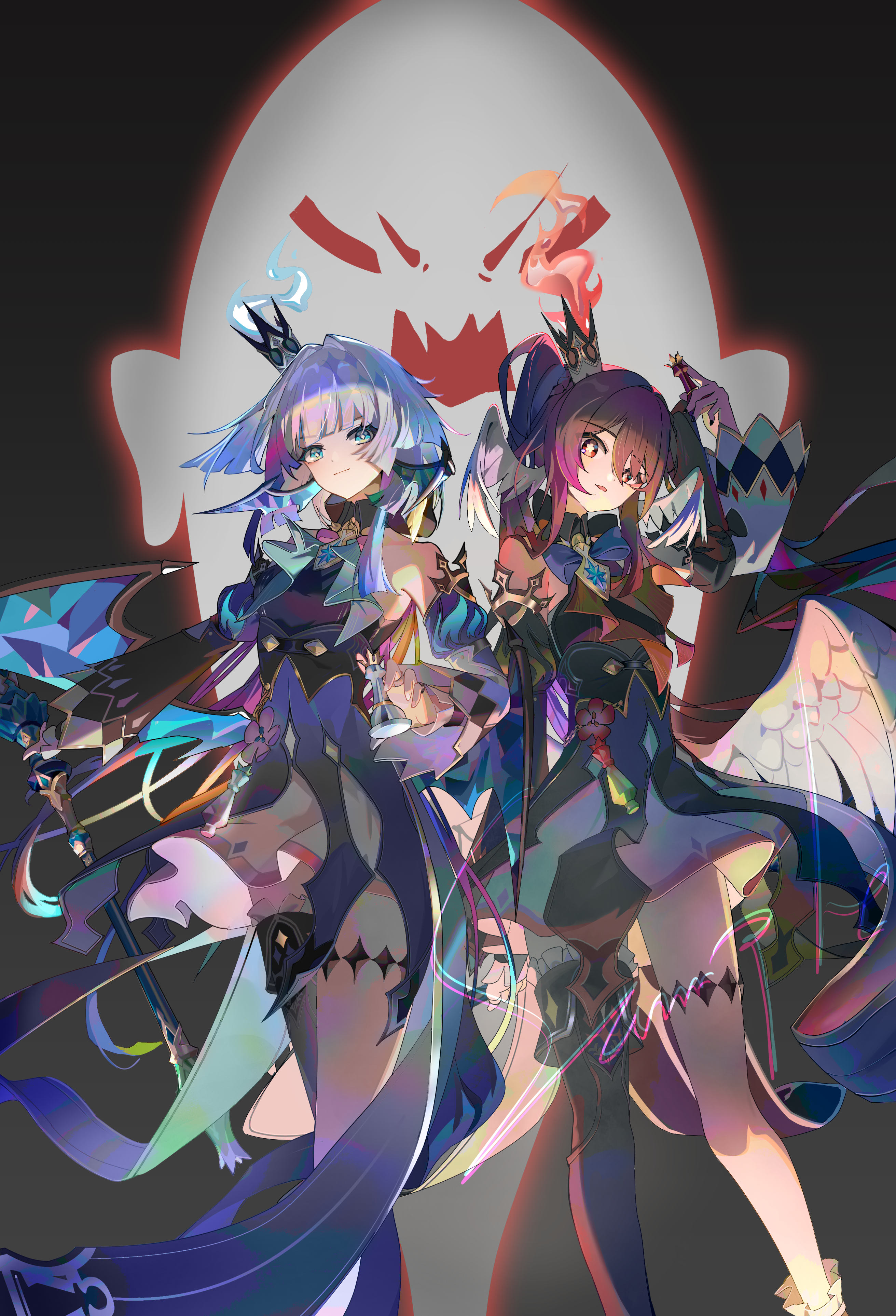 qixia, boo tao (genshin impact), cerydra (honkai: star rail), hu tao (genshin impact), genshin impact, honkai: star rail, honkai (series), absurdres, highres, 2girls, aqua eyes, black background, black collar, black dress, black thighhighs, blue wings, brown eyes, brown hair, chess piece, collar, crown, detached sleeves, dress, feet out of frame, fire, flower, flower-shaped pupils, frilled thighhighs, frills, hair between eyes, holding, holding chess piece, holding scepter, long sleeves, looking at viewer, multiple girls, open mouth, purple flower, red flower, scepter, sidelocks, simple background, single bare shoulder, single thighhigh, symbol-shaped pupils, thighhighs, white hair, white wings, wings