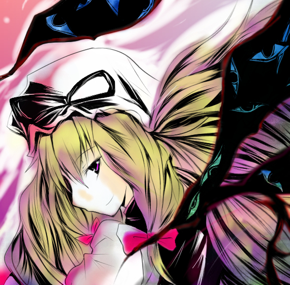 babel, babel99, yakumo yukari, touhou, 1girl, blonde hair, blush, bow, female focus, from side, hair bow, hat, long hair, looking at viewer, mob cap, red bow, solo, very long hair