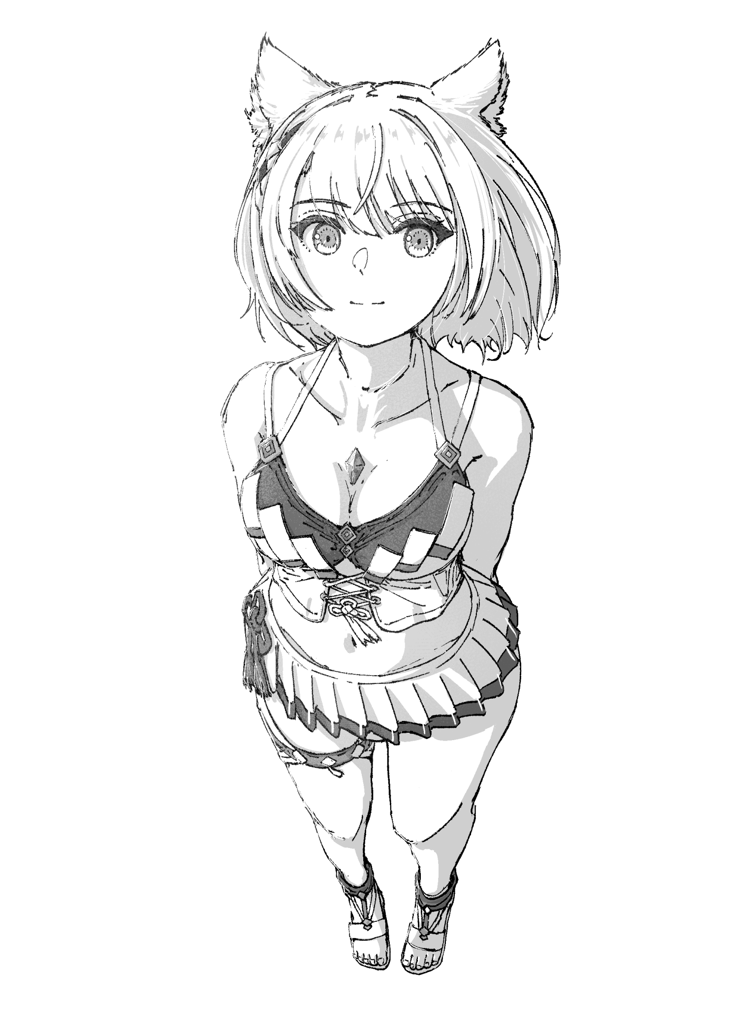 chin bell, mio (xenoblade), xenoblade chronicles (series), xenoblade chronicles 3, commentary request, highres, 1girl, animal ear fluff, animal ears, arms behind back, breasts, cat ears, cat girl, cleavage, closed mouth, collarbone, full body, greyscale, medium breasts, monochrome, official alternate costume, simple background, smile, solo, standing, toes, white background