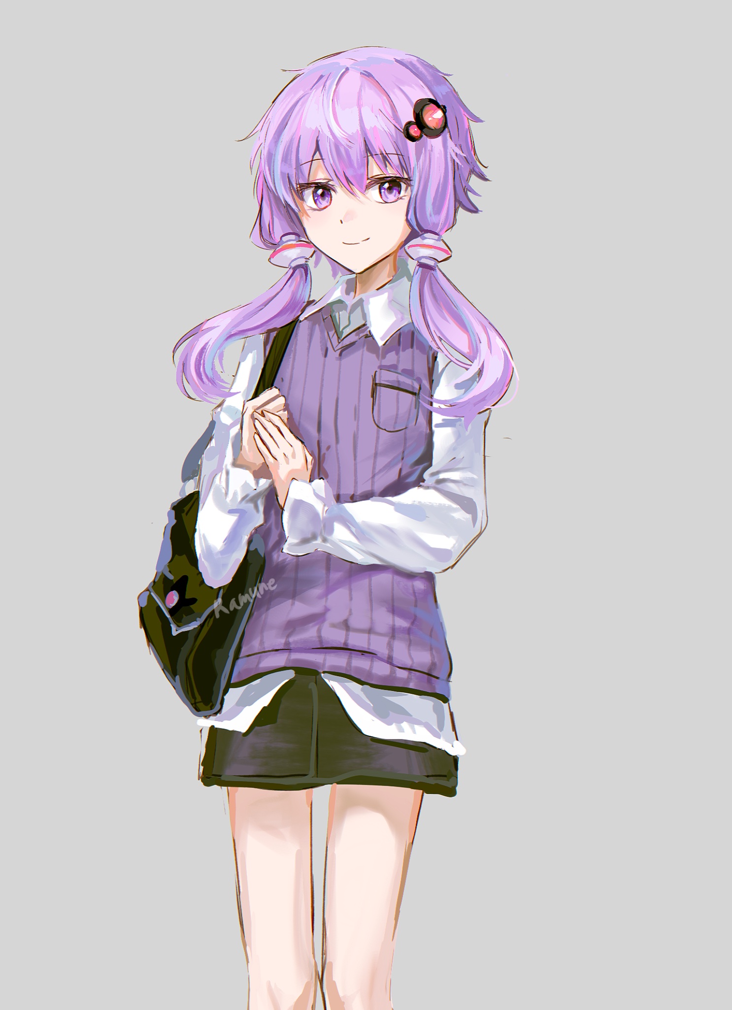 ramune55ni, yuzuki yukari, vocaloid, voiceroid, hashtag-only commentary, highres, 1girl, artist name, bag, bare legs, black bag, black skirt, closed mouth, collared shirt, denim, denim skirt, feet out of frame, flat chest, frilled sleeves, frills, grey background, hair between eyes, hair ornament, long sleeves, looking at viewer, miniskirt, own hands together, pocket, puffy long sleeves, puffy sleeves, purple eyes, purple hair, purple sweater vest, shirt, short hair with long locks, shoulder bag, simple background, skirt, smile, solo, standing, sweater vest, thigh gap, white shirt