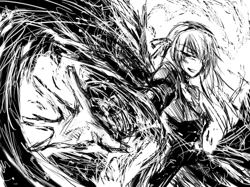 babel, babel99, suigintou, rozen maiden, 00s, 1girl, dress, female focus, greyscale, long hair, long sleeves, looking at viewer, monochrome, outstretched arm, simple background, solo, very long hair, white background