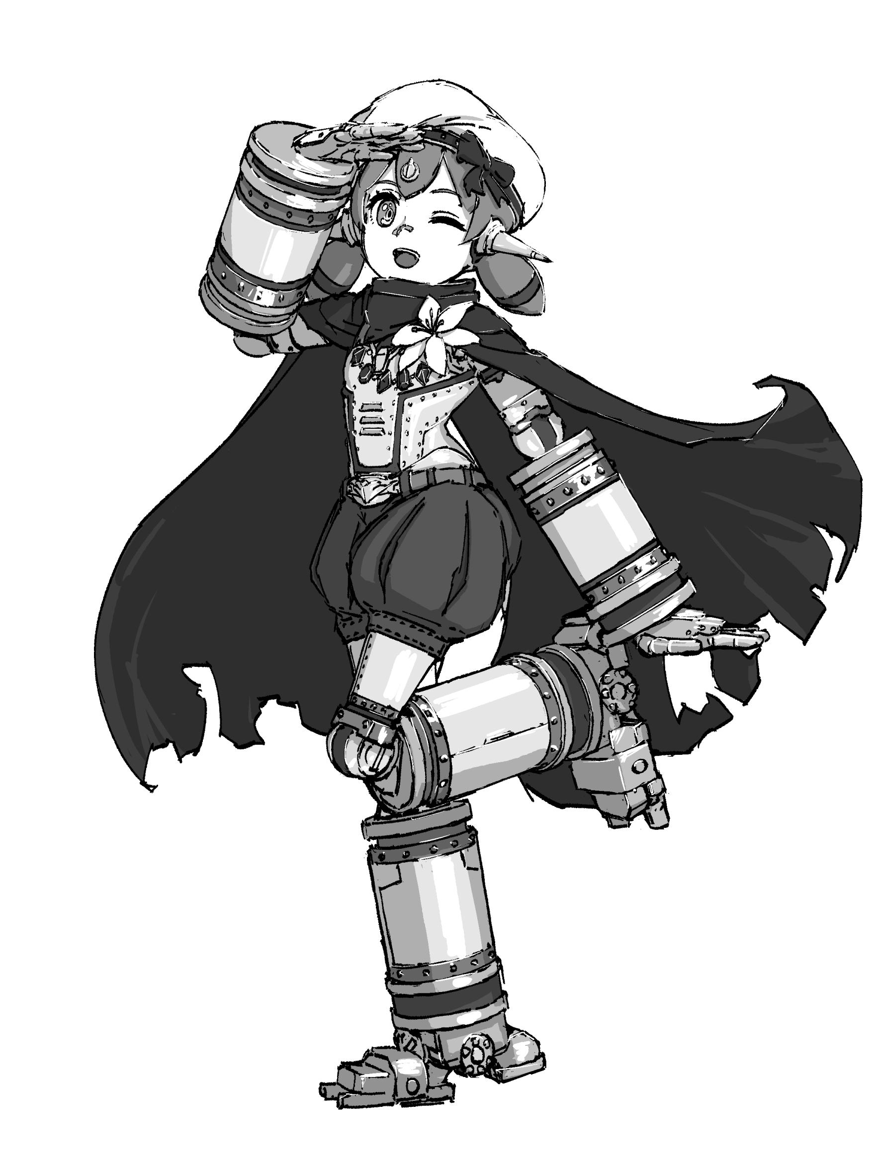 chin bell, poppi (xenoblade), poppi alpha (xenoblade), xenoblade chronicles (series), xenoblade chronicles 2, commentary request, highres, 1girl, android, cape, full body, greyscale, hat, joints, looking at viewer, low twintails, monochrome, one eye closed, open mouth, robot joints, short twintails, simple background, smile, solo, standing, standing on one leg, torn cape, torn clothes, twintails, white background