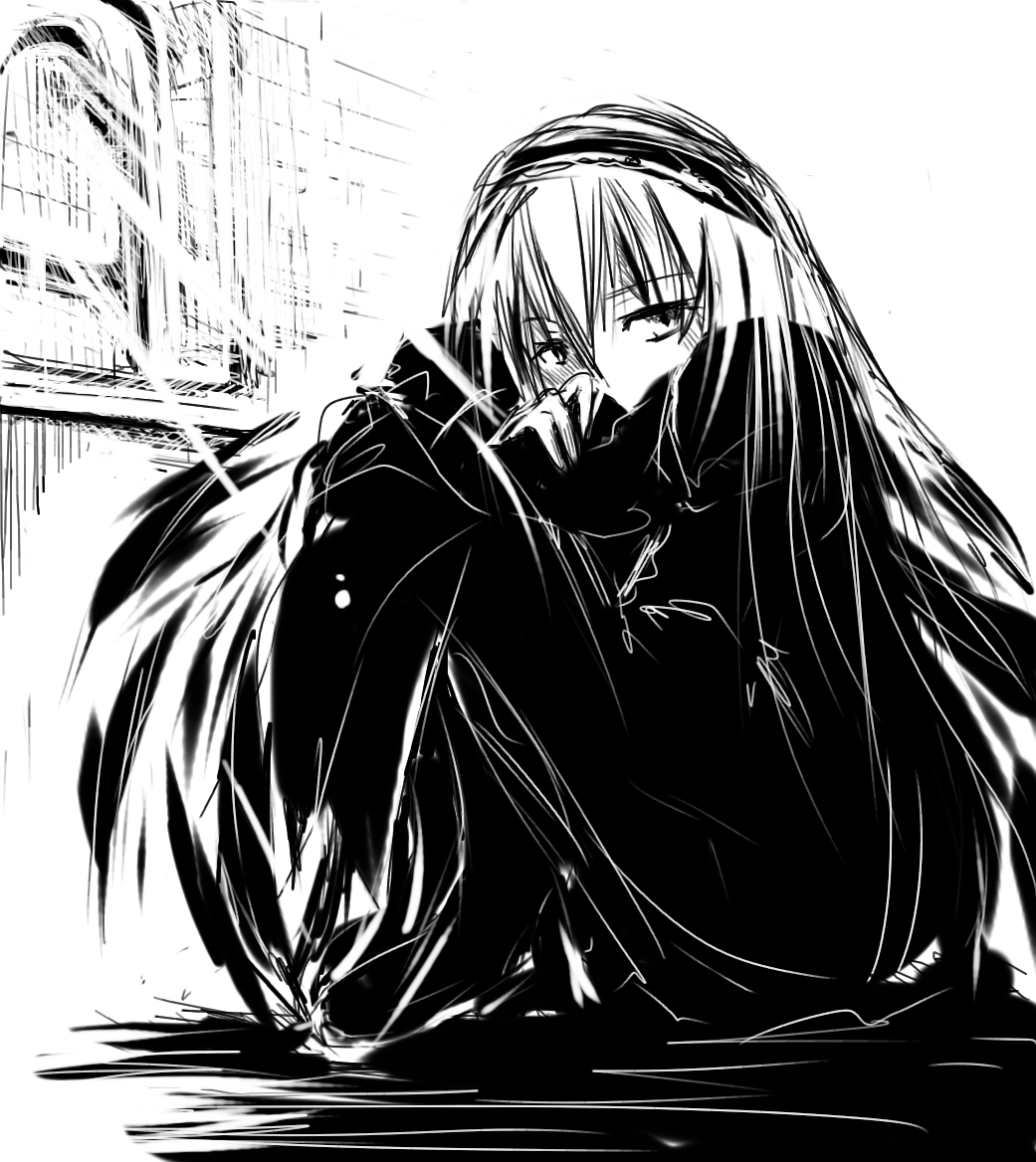 babel, babel99, suigintou, rozen maiden, 00s, 1girl, dress, female focus, greyscale, hairband, hugging own legs, knees to chest, light rays, lolita hairband, looking at viewer, monochrome, simple background, solo, white background, window