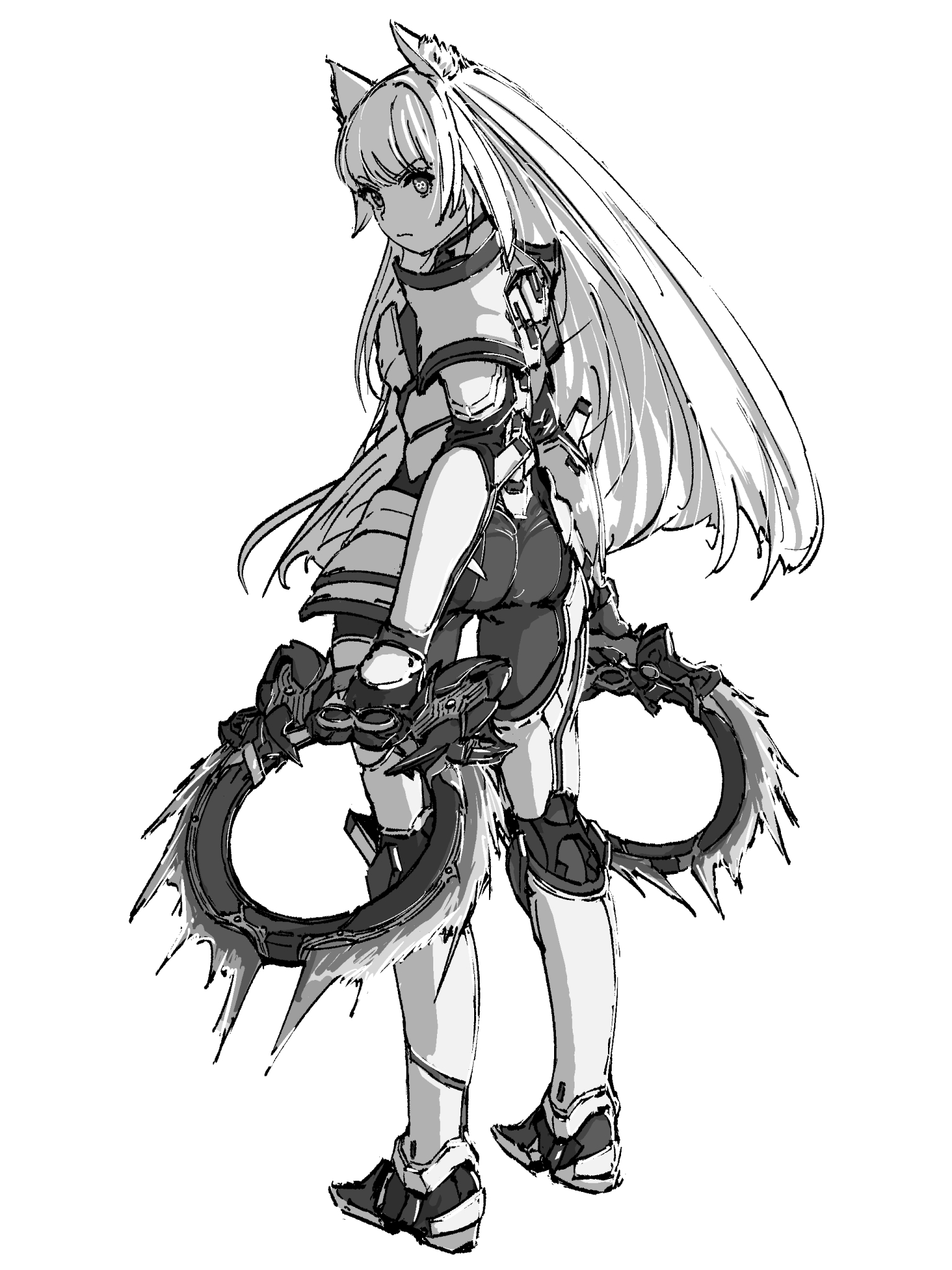 chin bell, m (xenoblade), xenoblade chronicles (series), xenoblade chronicles 3, commentary, highres, 1girl, animal ears, ass, cat ears, cat girl, chakram, closed mouth, full body, greyscale, infinity symbol, long hair, looking at viewer, looking back, monochrome, simple background, solo, standing, symbol in eye, v-shaped eyebrows, weapon, white background