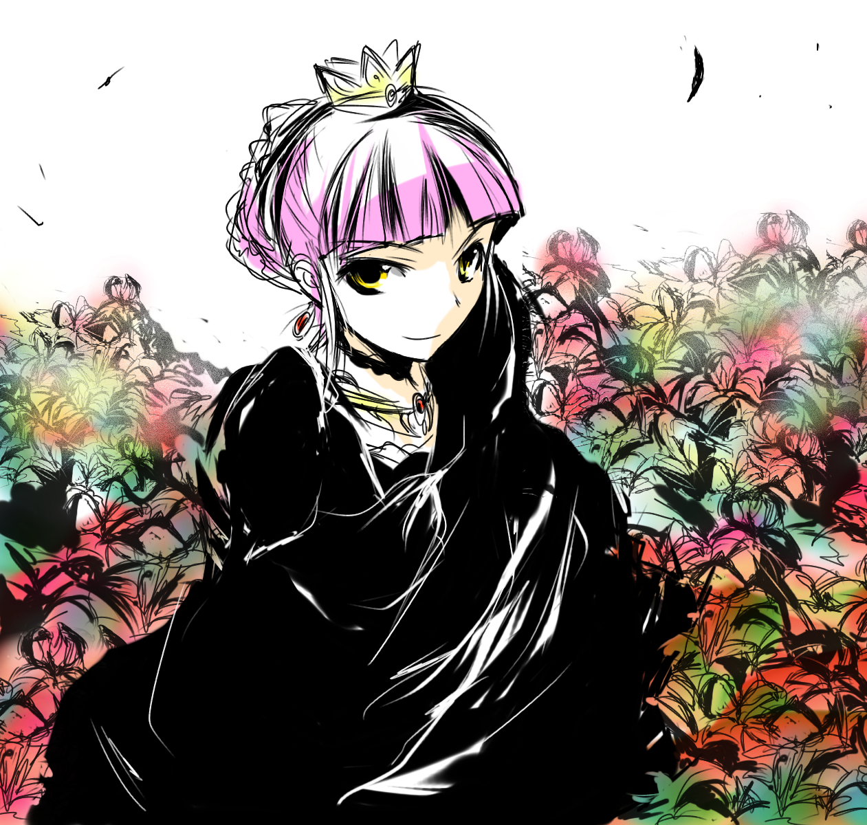 babel, babel99, alusha (7th dragon), princess (7th dragon), highres, 1girl, amulet, blunt bangs, braid, female focus, flower, from above, jewelry, necklace, pink hair, robe, solo, tiara, white background, yellow eyes