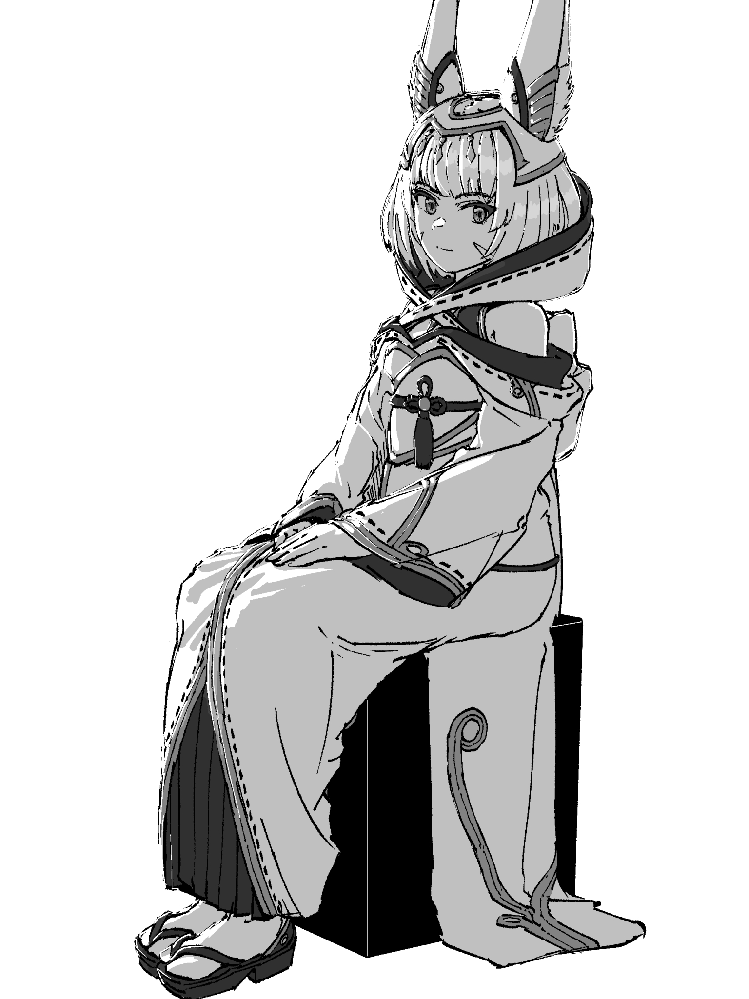 chin bell, nia (xenoblade), xenoblade chronicles (series), xenoblade chronicles 3, commentary request, highres, 1girl, animal ear fluff, animal ears, box, cat ears, cat girl, closed mouth, full body, greyscale, monochrome, okobo, on box, platform sandals, sandals, simple background, sitting, smile, solo, tabi, white background