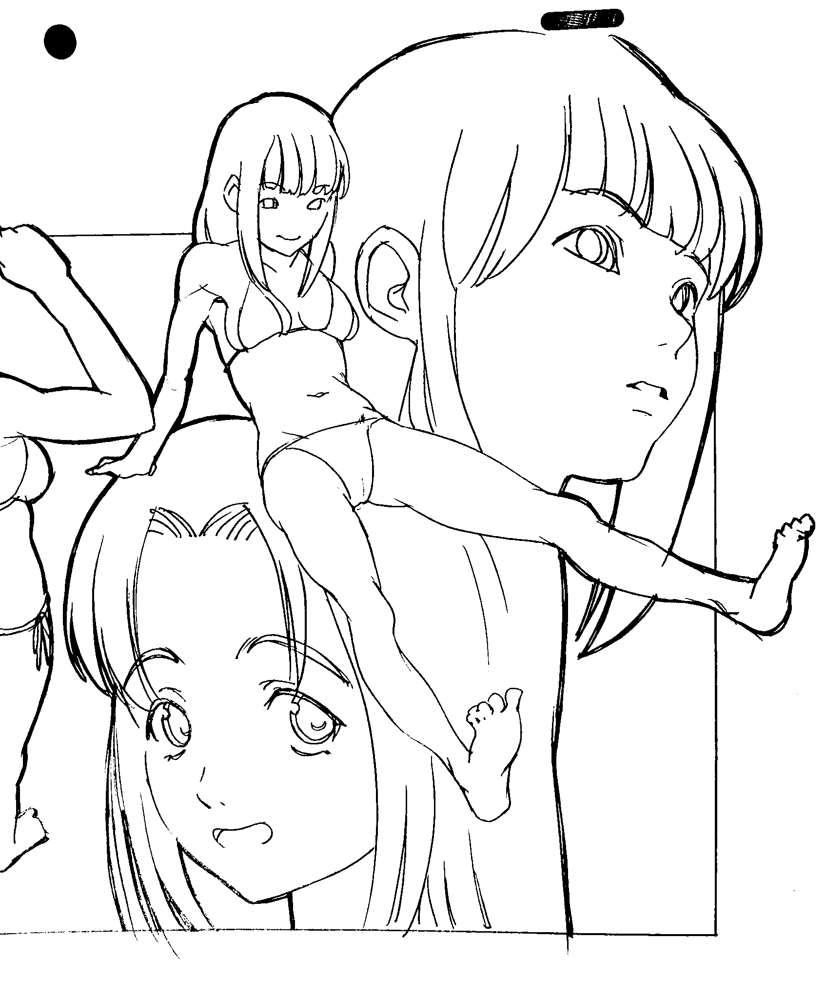 original, highres, 1girl, barefoot, blunt bangs, bra, breasts, greyscale, ishiuchiagogo, lineart, long hair, monochrome, navel, panties, smile, underwear