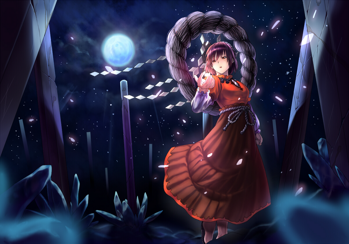 inuzuka bouru, yasaka kanako, touhou, bad id, bad pixiv id, 1girl, cloud, female focus, glowing, mirror, moon, night, onbashira, outdoors, purple hair, red eyes, rope, shide, shimenawa, short hair, sky, solo, standing