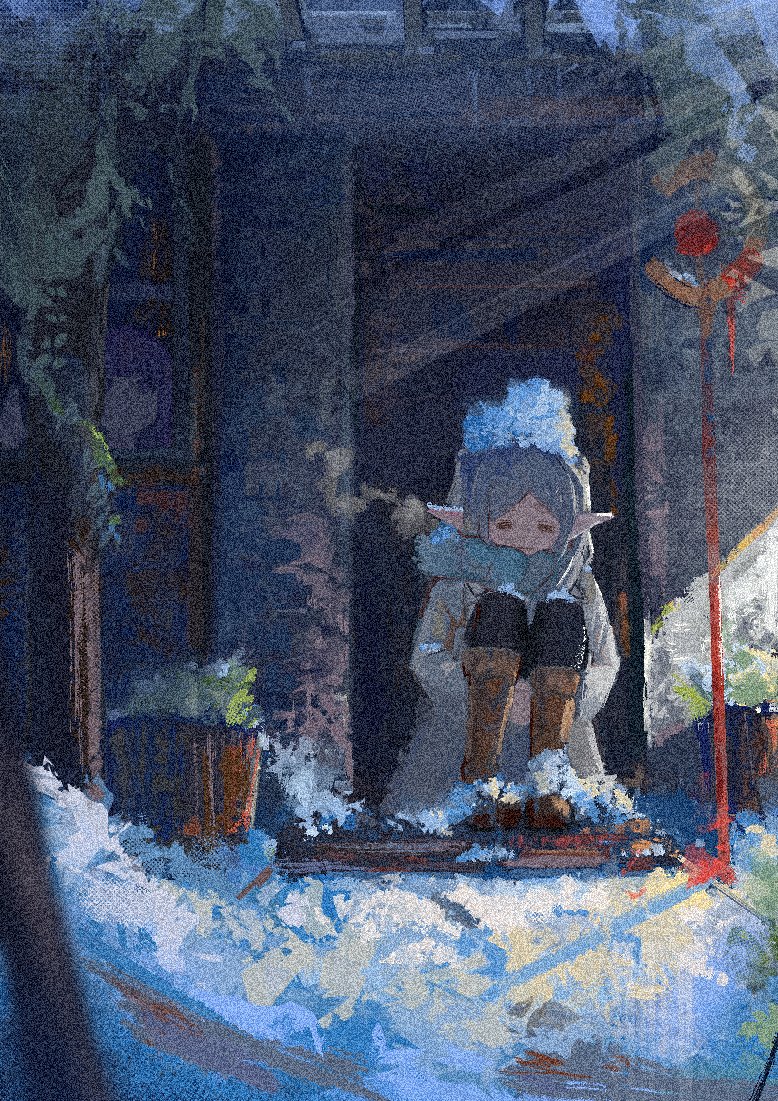 koukouya, fern (sousou no frieren), frieren, sousou no frieren, absurdres, commentary request, highres, 2girls, against door, boots, brown boots, closed eyes, elf, grey hair, jacket, mage staff, multiple girls, pointy ears, scarf, shoes, sitting, snow, snow on head, solo, staff, twintails, white jacket