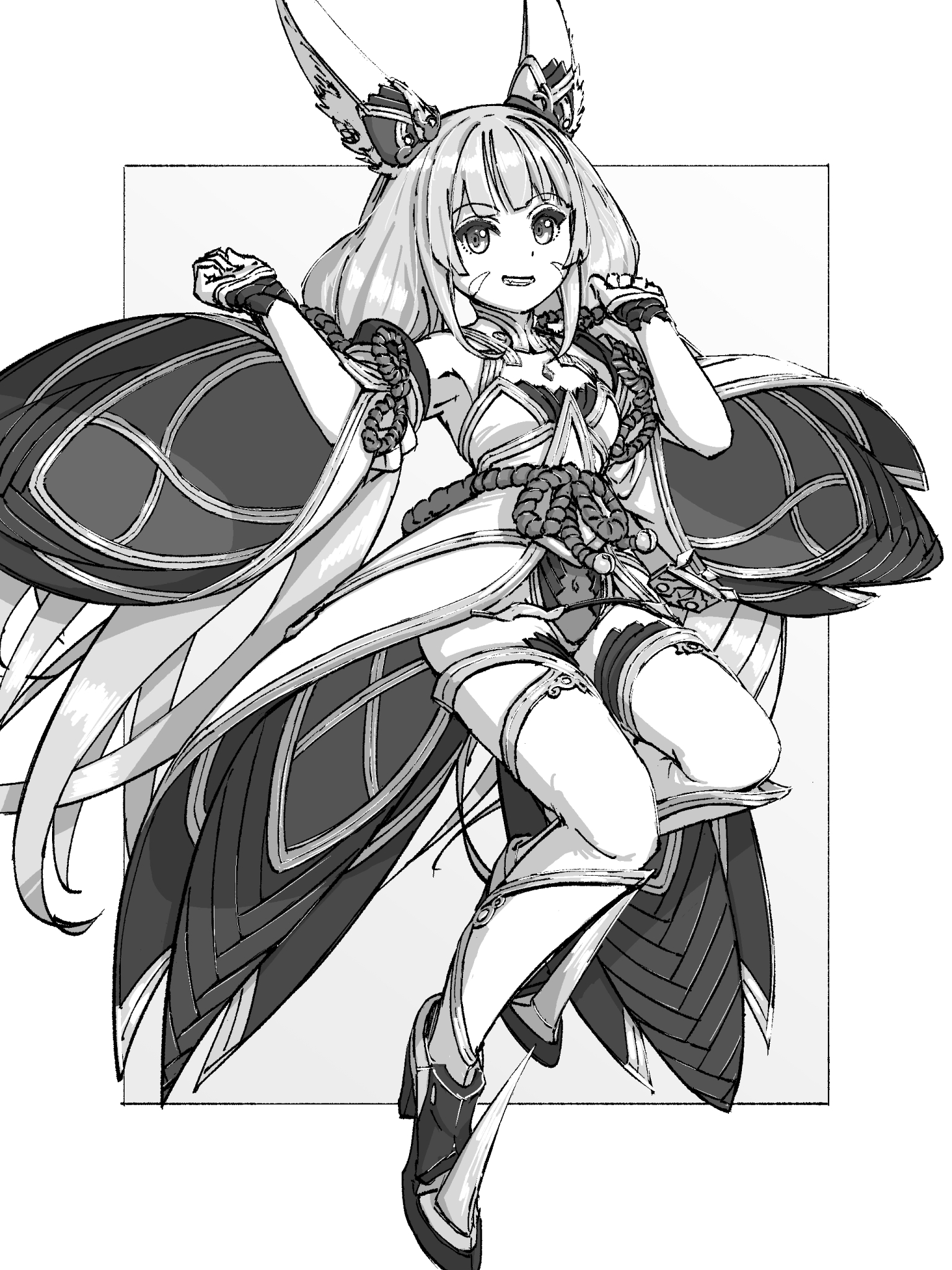 chin bell, nia (blade) (xenoblade), nia (xenoblade), xenoblade chronicles (series), xenoblade chronicles 2, commentary request, highres, 1girl, animal ear fluff, animal ears, cat ears, cat girl, covered navel, full body, greyscale, inset border, long hair, looking at viewer, monochrome, outside border, rope, shimenawa, simple background, smile, solo, very long hair, white background