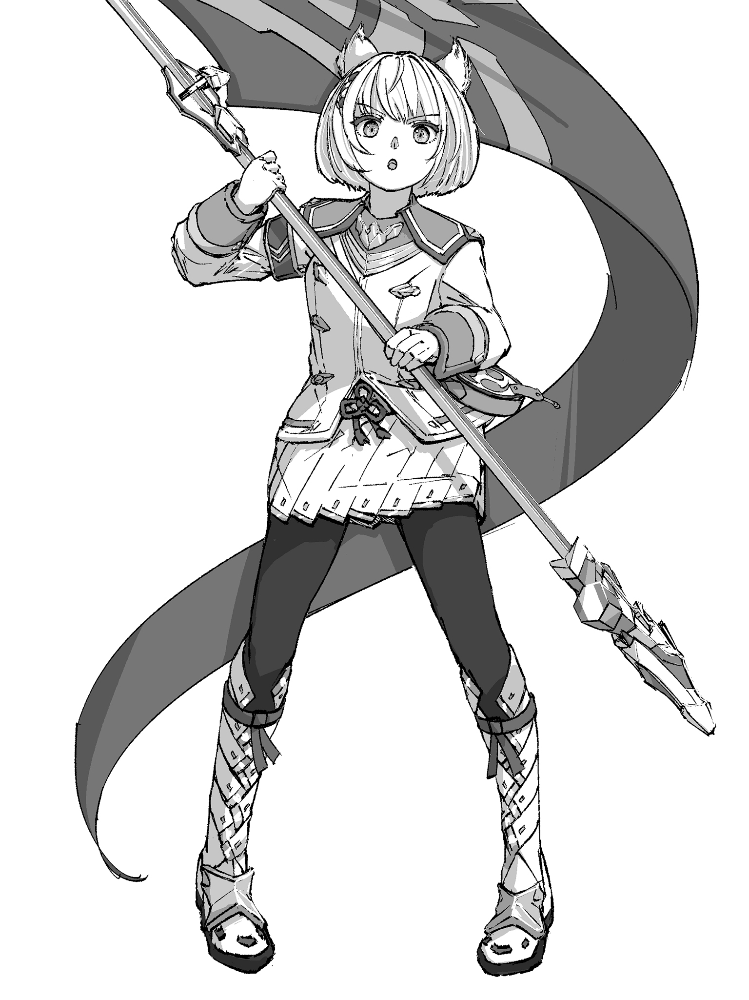 chin bell, mio (xenoblade), xenoblade chronicles (series), xenoblade chronicles 3, commentary request, highres, 1girl, animal ears, boots, cat ears, cat girl, flag, full body, greyscale, holding, holding flag, looking at viewer, monochrome, open mouth, pantyhose, pleated skirt, simple background, skirt, solo, standing, v-shaped eyebrows, white background