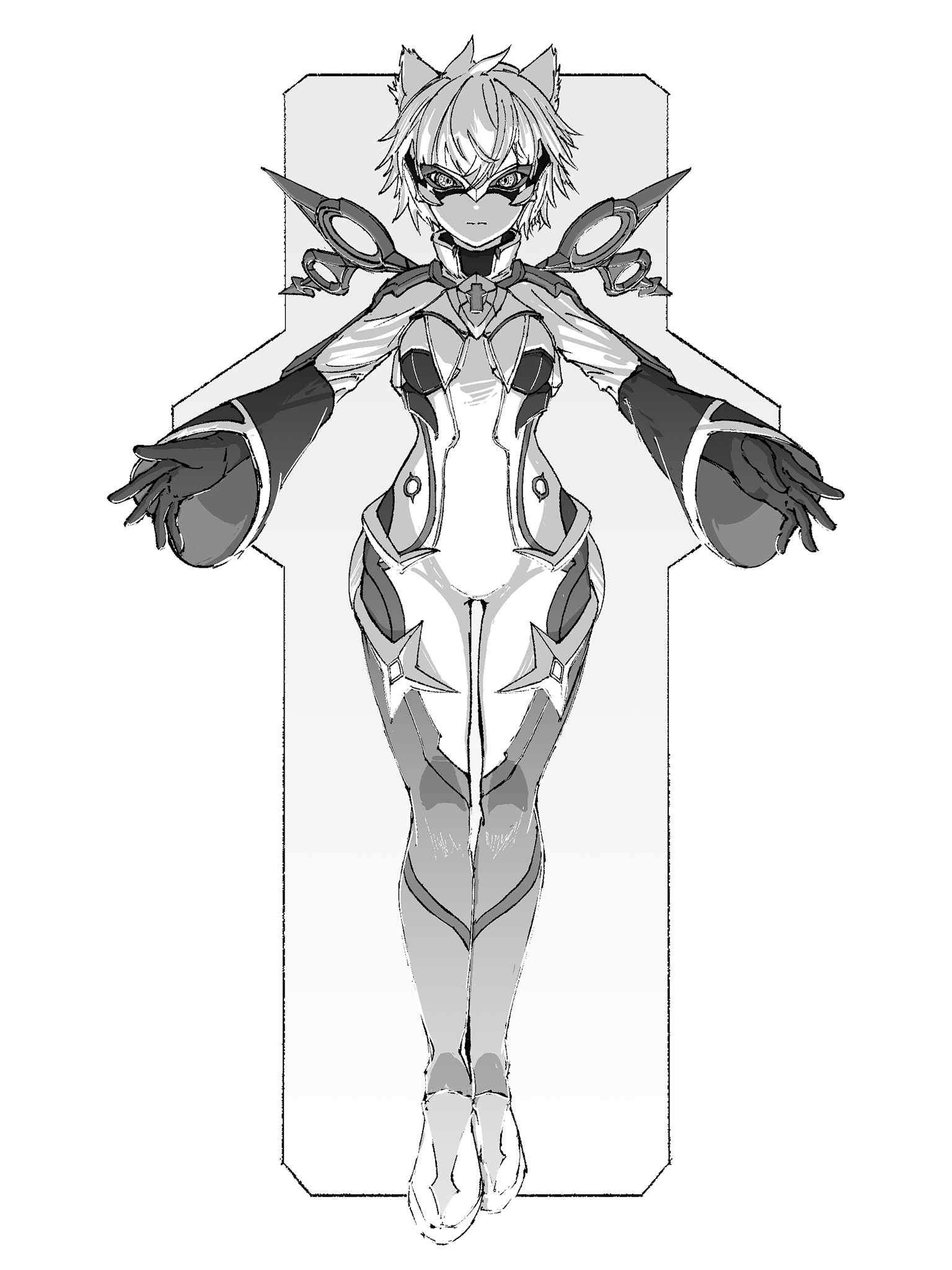 chin bell, alpha (xenoblade), na'el (xenoblade), xenoblade chronicles (series), xenoblade chronicles 3, xenoblade chronicles 3: future redeemed, commentary, highres, spoilers, 1girl, animal ears, bodysuit, cat ears, cat girl, closed mouth, full body, greyscale, looking at viewer, mask, monochrome, outstretched arms, solo, straight-on, white background