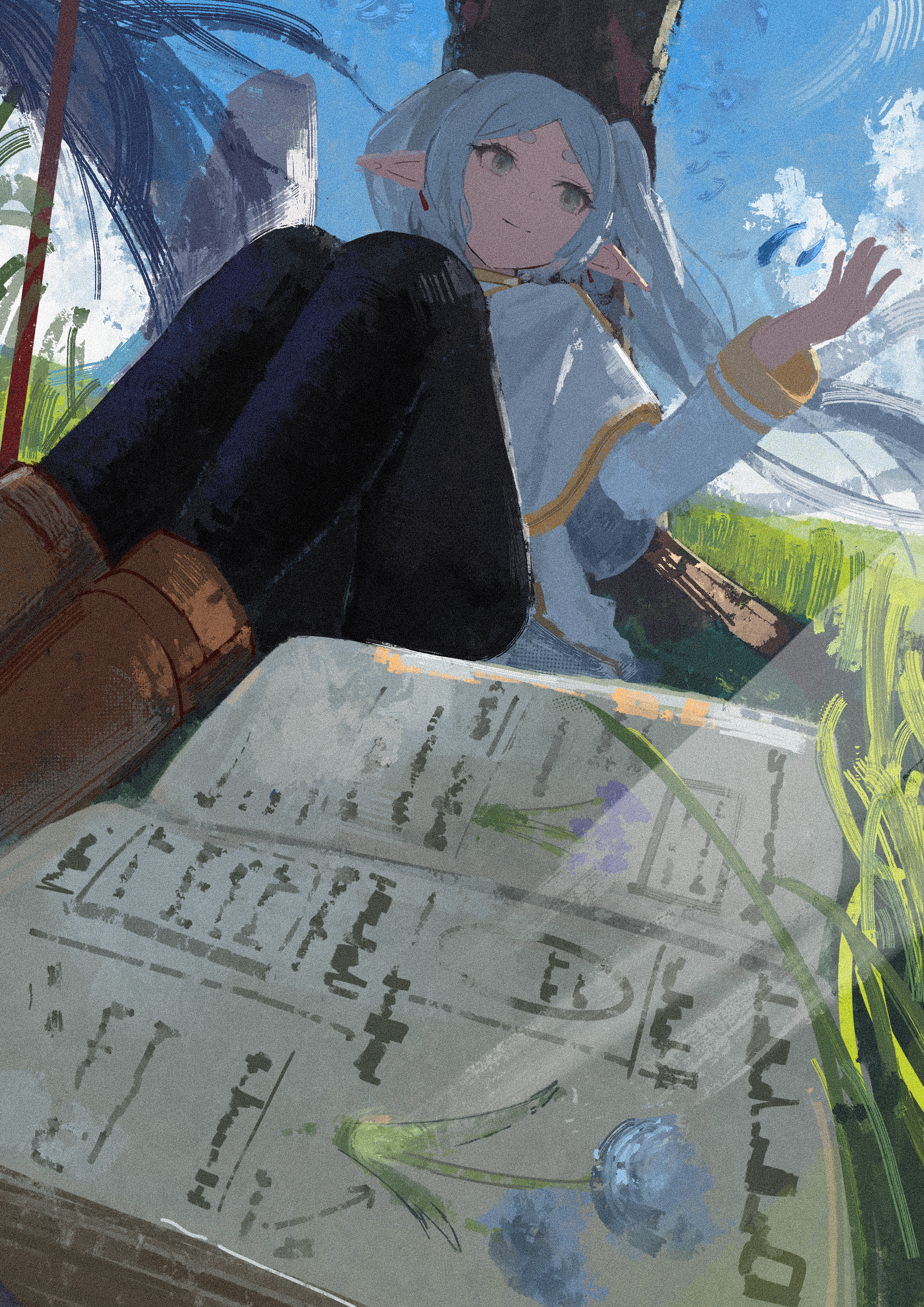 koukouya, frieren, sousou no frieren, absurdres, commentary request, highres, 1girl, black pantyhose, blue sky, book, boots, brown boots, capelet, closed mouth, cloud, cloudy sky, day, elf, falling petals, grass, green eyes, grey hair, outdoors, pantyhose, petals, pointy ears, sky, solo, tree, twintails, white capelet