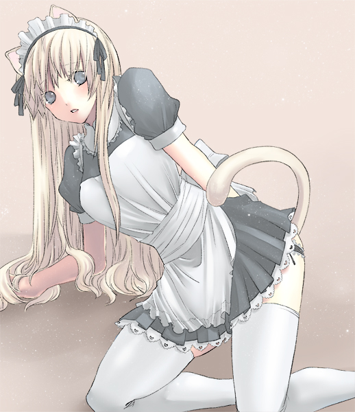 ne (junk810), original, bad id, bad pixiv id, animal ears, apron, blonde hair, blue eyes, blush, cat ears, cat tail, frills, hairband, long hair, maid, maid apron, maid headdress, ribbon, skirt, solo, tail, thighhighs, zettai ryouiki