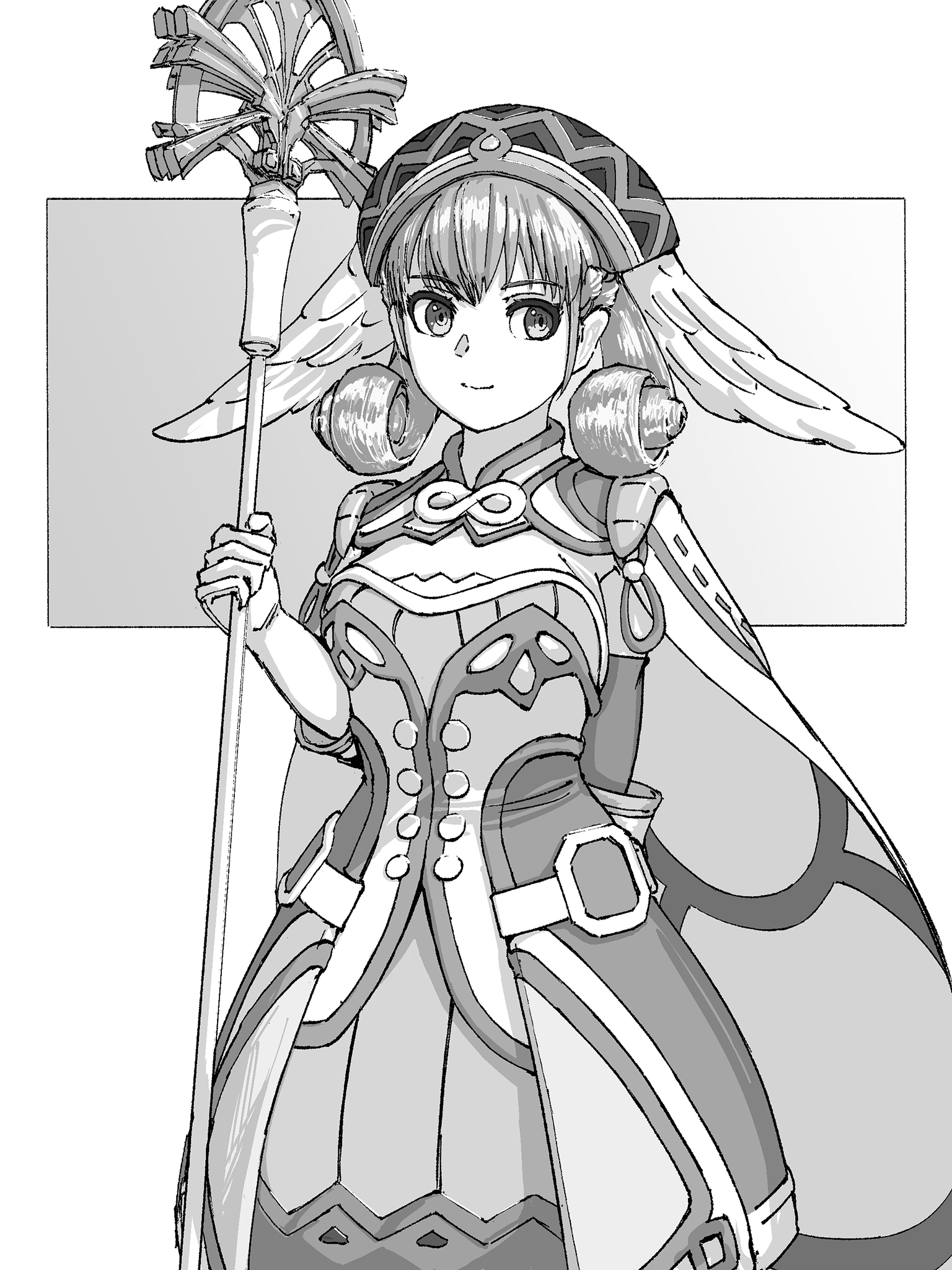 chin bell, melia antiqua, xenoblade chronicles (series), xenoblade chronicles 1, commentary request, highres, 1girl, cape, closed mouth, curly hair, dress, greyscale, head wings, holding, holding staff, monochrome, smile, solo, staff, standing, wings
