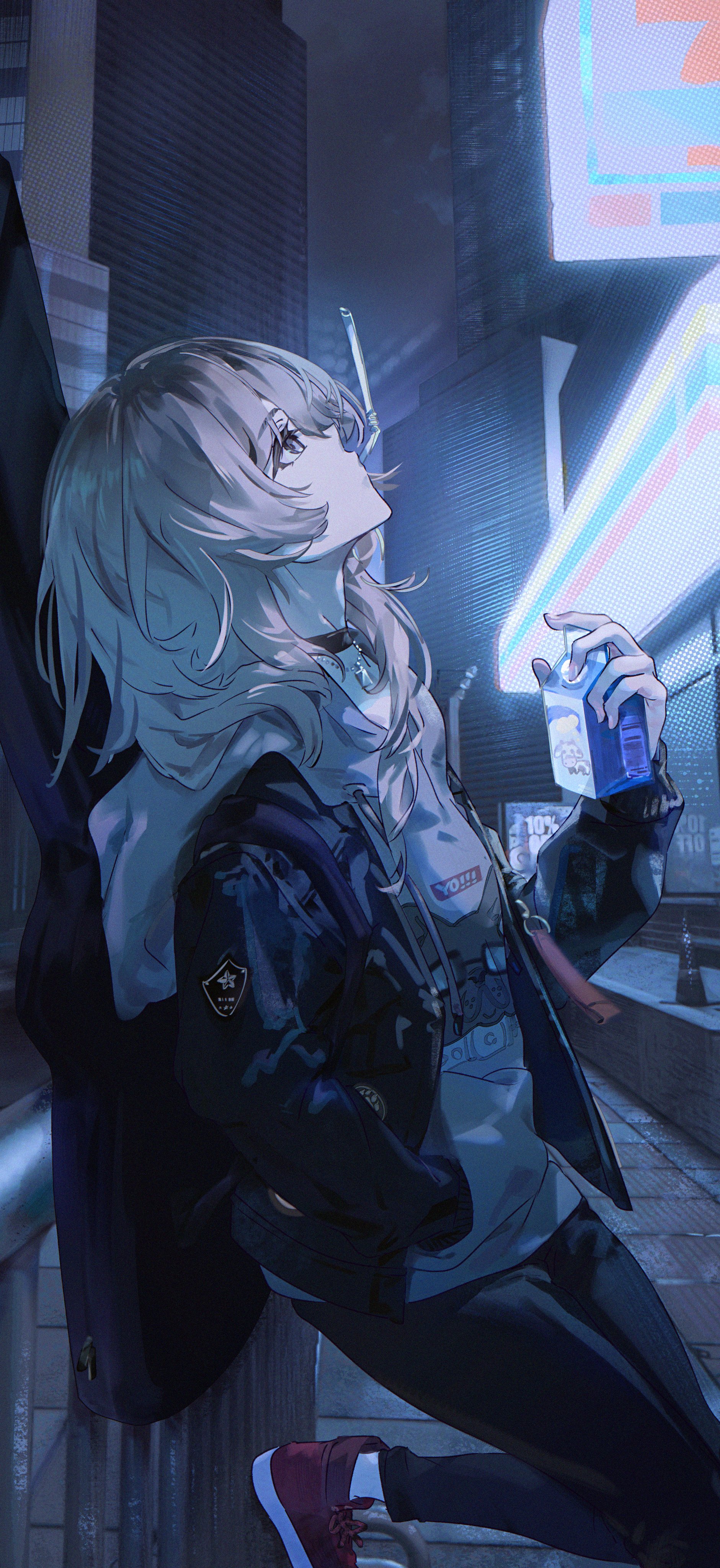 kumano iroha, kawaragi momoka, girls band cry, absurdres, commentary, hashtag-only commentary, highres, 1girl, black choker, black jacket, black pants, choker, drinking straw, drinking straw in mouth, grey eyes, grey hair, grey hoodie, guitar case, hand in pocket, holding carton, hood, hood down, hoodie, instrument case, instrument on back, jacket, long hair, long sleeves, multicolored hair, open clothes, open jacket, pants, roots (hair), solo