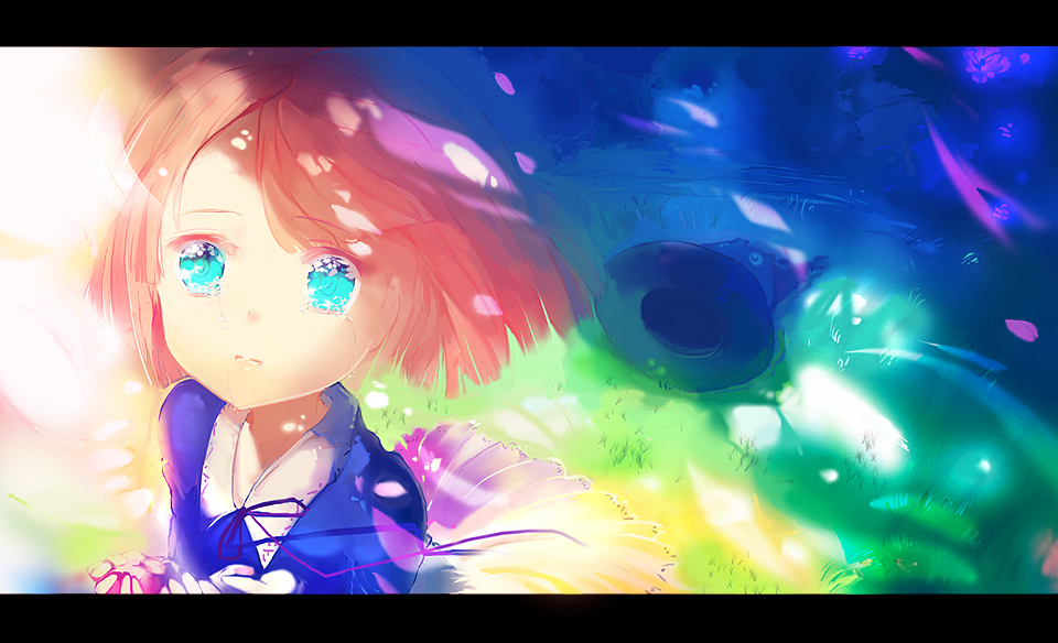 angela leon, soul eater, 00s, aqua eyes, child, dress, gloves, hat, letterboxed, pink hair, short hair, skirt, solo, tears, wind, witch, witch hat