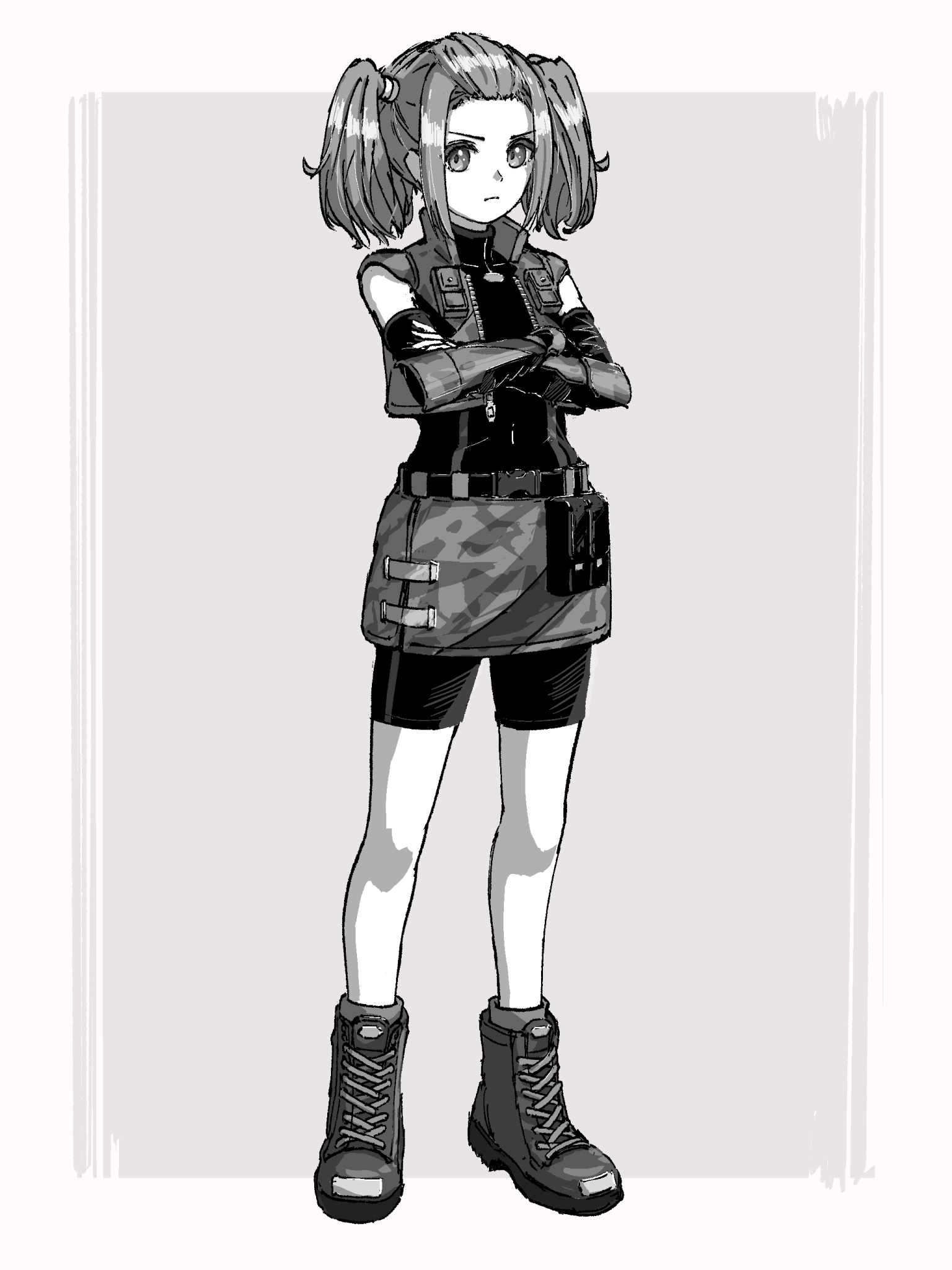 chin bell, shania (xenoblade), xenoblade chronicles (series), xenoblade chronicles 3, commentary request, highres, 1girl, bodysuit, bodysuit under clothes, boots, border, camouflage, camouflage shorts, camouflage vest, closed mouth, crossed arms, full body, grey background, greyscale, lace-up boots, looking at viewer, monochrome, open clothes, open vest, outside border, shorts, solo, twintails, vest, white border, zipper