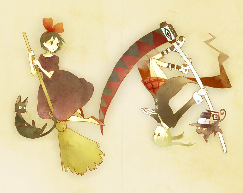 unabara goumou onzen (pixiv8505), blair (cat) (soul eater), blair (soul eater), jiji (majo no takkyuubin), kiki (majo no takkyuubin), maka albarn, majo no takkyuubin, soul eater, studio ghibli, 1980s (style), bad id, bad pixiv id, 00s, 2girls, black cat, black eyes, black hair, blonde hair, bow, broom, broom riding, cat, crossover, dress, gloves, green eyes, hair bow, hairband, hat, multiple girls, necktie, oldschool, plaid clothes, plaid skirt, retro artstyle, school uniform, scythe, shoes, short hair, skirt, twintails, witch, witch hat, yellow eyes