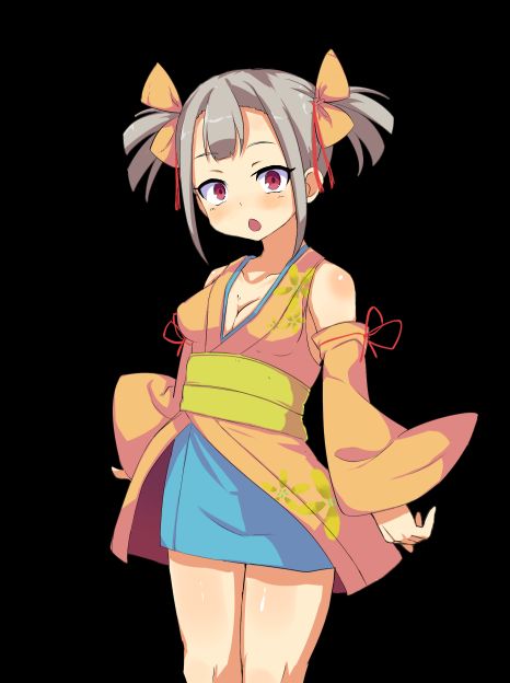 game cg, variant set, 1girl, anime coloring, bare shoulders, black background, blue hakama, blush, bow, breasts, cleavage, collarbone, cowboy shot, detached sleeves, grey hair, hair between eyes, hair bow, hakama, hakama skirt, japanese clothes, kimono, looking at viewer, medium breasts, mizuha (toraware no kami-sama), obi, open mouth, red eyes, sash, short hair, short kimono, simple background, skirt, sleeveless, sleeveless kimono, solo, standing, surprised, tachi-e, tachinori buranko, thighs, toraware no kami-sama to tabi no shoujo, twintails, wide-eyed, wide sleeves, yellow bow, yellow kimono, yellow sash