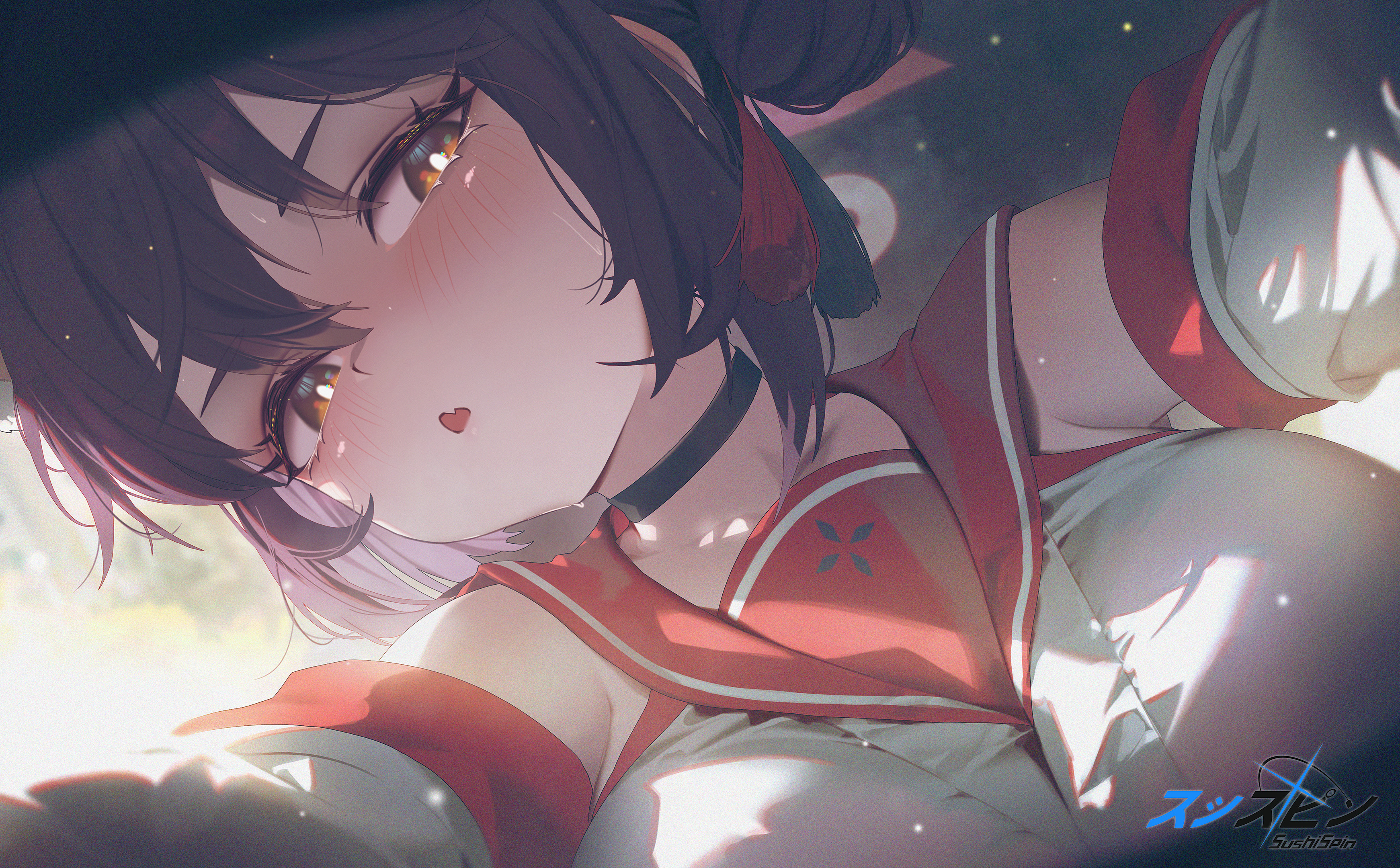 sushispin, kaede (blue archive), blue archive, absurdres, highres, 1girl, black choker, black hair, blush, breasts, brown eyes, choker, detached sleeves, hair bun, large breasts, looking at viewer, open mouth, red sailor collar, sailor collar, shirt, solo, white shirt