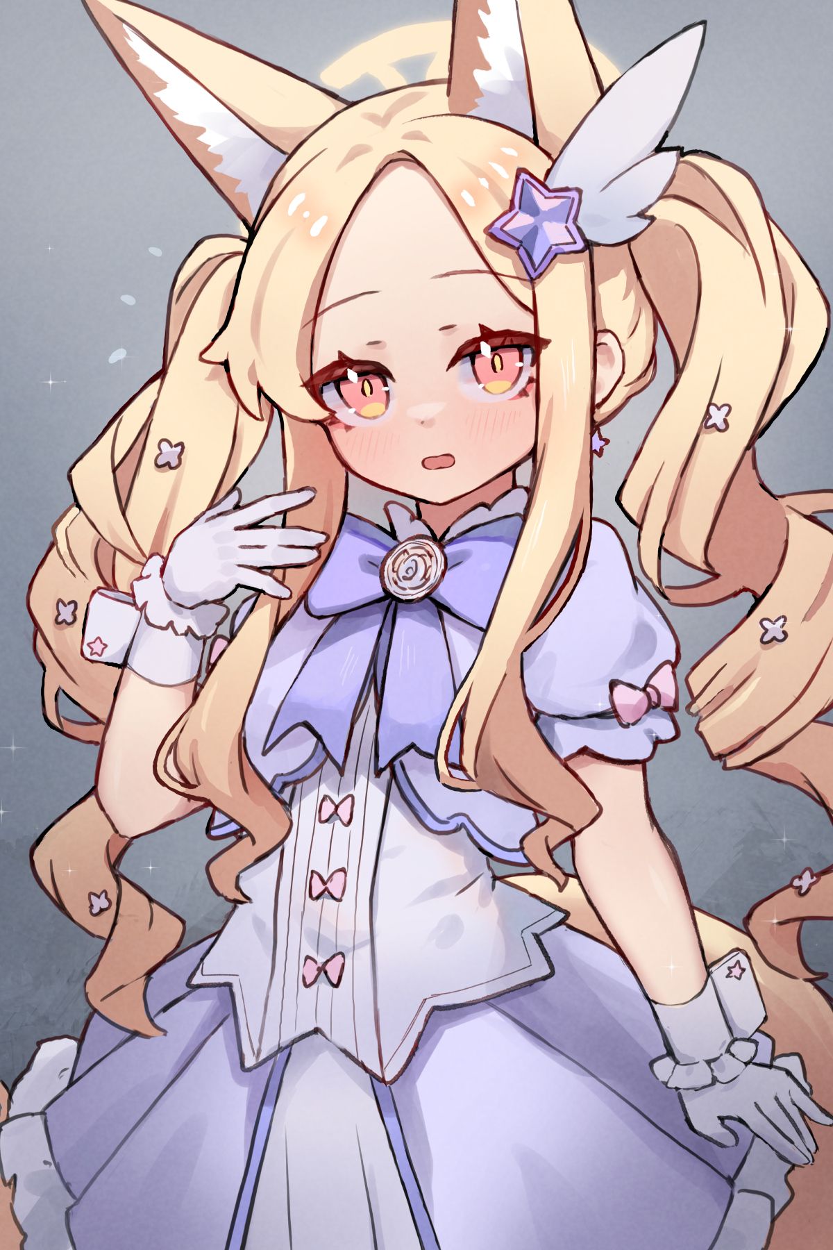 miya (miyaruta), reisa (blue archive), reisa (magical) (blue archive), seia (blue archive), blue archive, commentary, english commentary, highres, 1girl, animal ears, blonde hair, bow, cosplay, dress, drill hair, extra ears, fox ears, fox girl, fox tail, gloves, gradient background, grey background, hair ornament, halo, long hair, looking at viewer, open mouth, puffy short sleeves, puffy sleeves, purple bow, purple dress, red eyes, reisa (blue archive) (cosplay), short sleeves, solo, star (symbol), star hair ornament, tail, twin drills, twintails, white gloves, white wrist cuffs, wing hair ornament, wrist cuffs, yellow halo