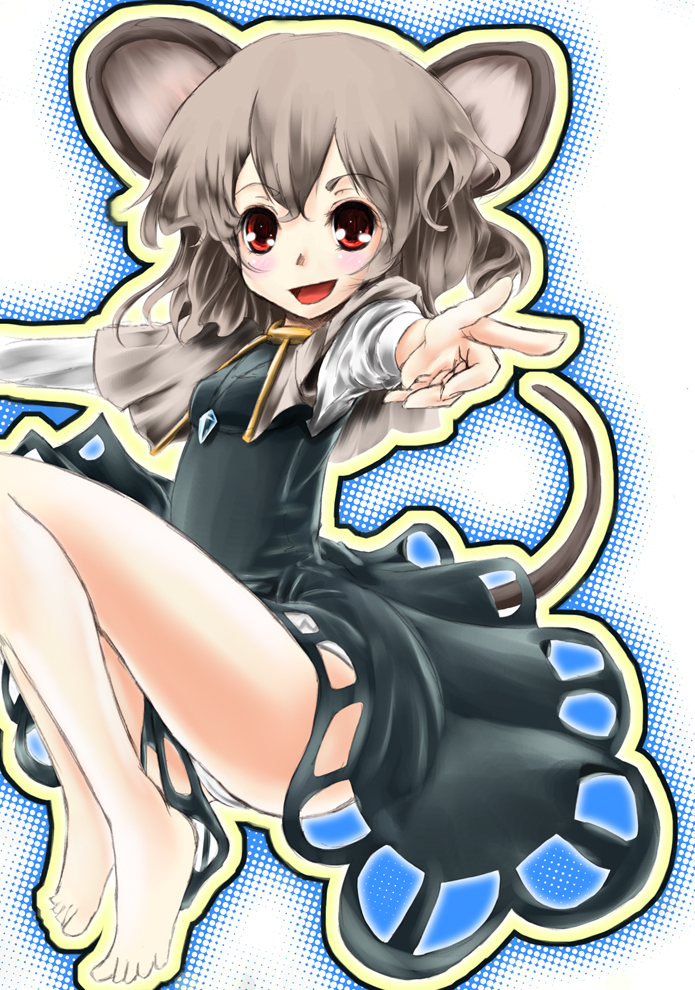 r0g0b0, nazrin, touhou, bad id, bad pixiv id, 1girl, animal ears, barefoot, dress, feet, female focus, grey hair, halftone, halftone background, jewelry, mouse ears, mouse tail, necklace, panties, pendant, red eyes, short hair, solo, tail, underwear, white background