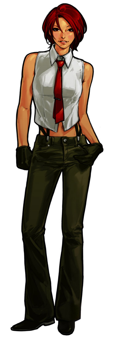 hiroaki (kof), vanessa (kof), snk, the king of fighters, the king of fighters xi, long image, official art, tall image, 1girl, female focus, gloves, midriff, necktie, shirt, sleeveless, sleeveless shirt, solo, suspenders