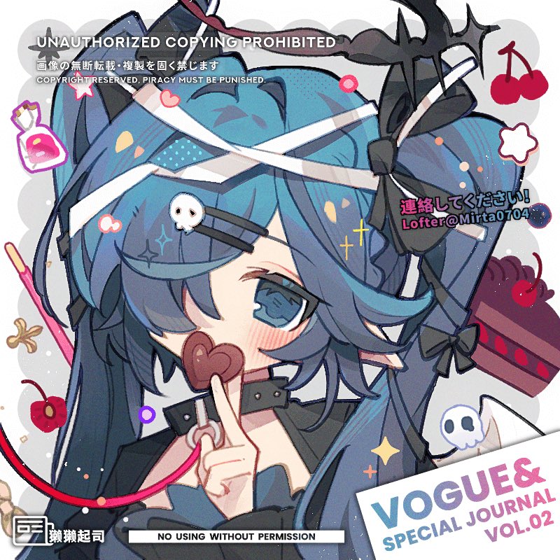mirta, original, commentary, commission, symbol-only commentary, 1girl, artist name, black choker, black shirt, blue hair, blush, border, cake, cake slice, chocolate, choker, food, grey background, hair ornament, hair over one eye, hairclip, holding, holding chocolate, holding food, long hair, long sleeves, outside border, parallel hairclips, portrait, shirt, skull hair ornament, solo, strawberry pocky, twintails, watermark, white border