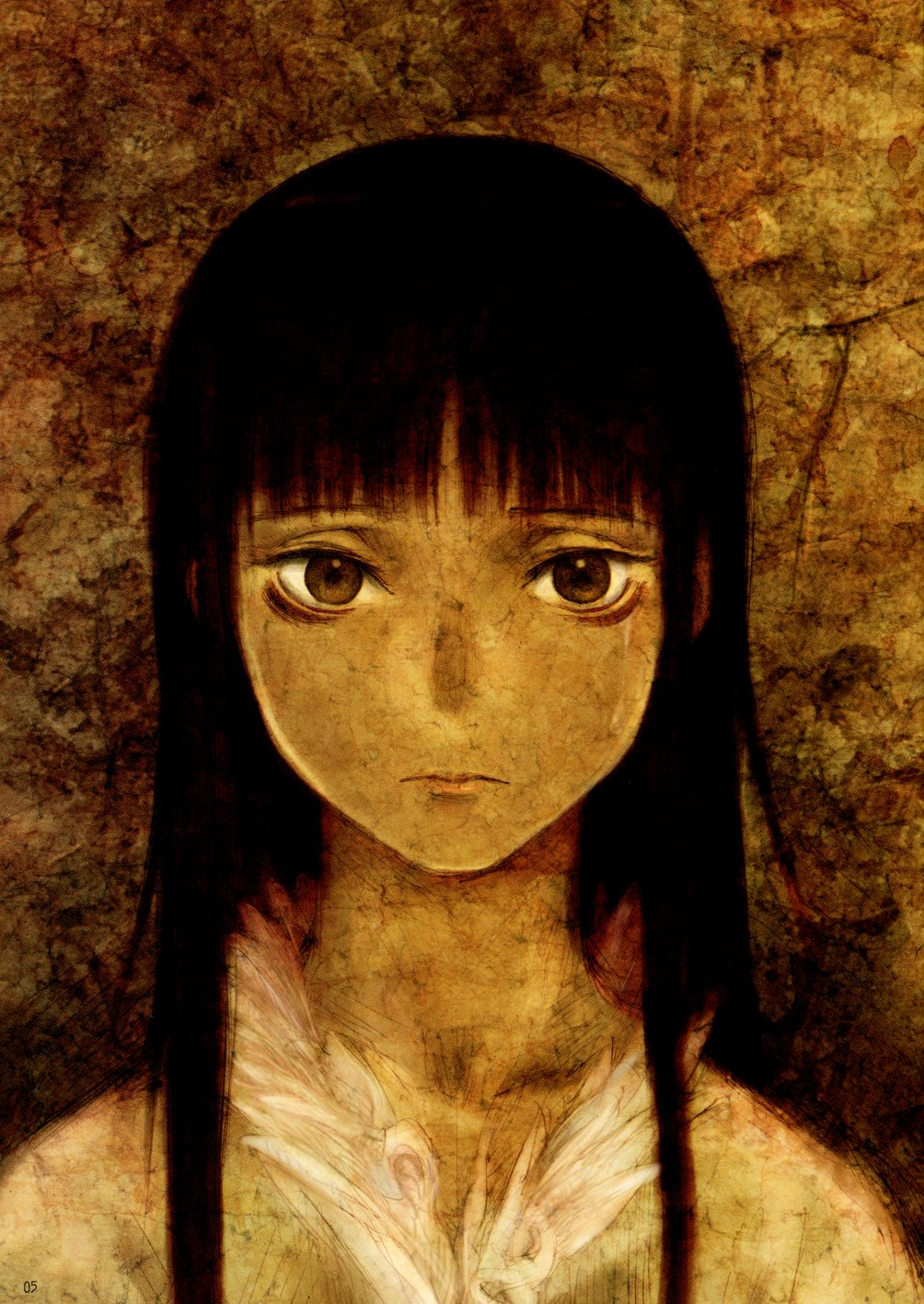 abe yoshitoshi, highres, scan, black hair, long hair, monochrome, ryuu tai, sad