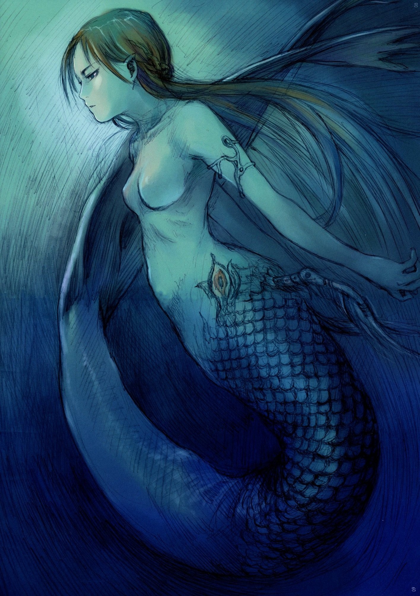 abe yoshitoshi, highres, scan, long hair, mermaid, monster girl, ryuu tai
