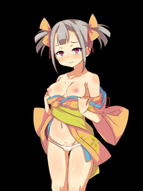 game cg, variant set, 1girl, anime coloring, bare shoulders, black background, blush, bow, breasts, closed mouth, collarbone, cowboy shot, detached sleeves, embarrassed, grey hair, hair between eyes, hair bow, japanese clothes, kimono, looking at viewer, medium breasts, mizuha (toraware no kami-sama), navel, nipples, no pants, obi, open clothes, open kimono, opened by self, panties, red eyes, sash, short hair, short kimono, simple background, sleeveless, sleeveless kimono, solo, standing, tachi-e, tachinori buranko, thighs, toraware no kami-sama to tabi no shoujo, twintails, underwear, wavy mouth, white panties, wide sleeves, yellow bow, yellow kimono, yellow sash