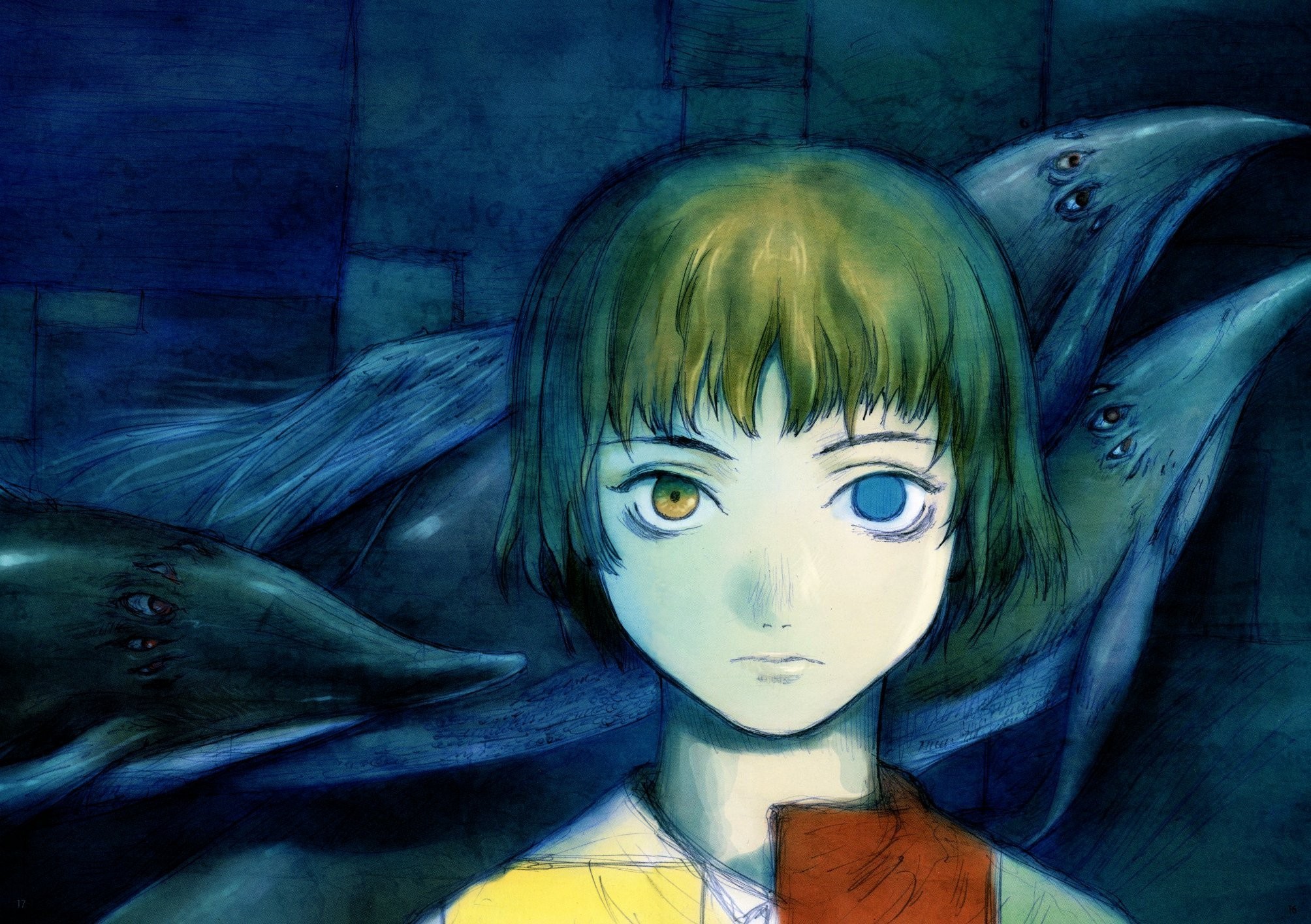 abe yoshitoshi, highres, scan, heterochromia, ryuu tai, short hair