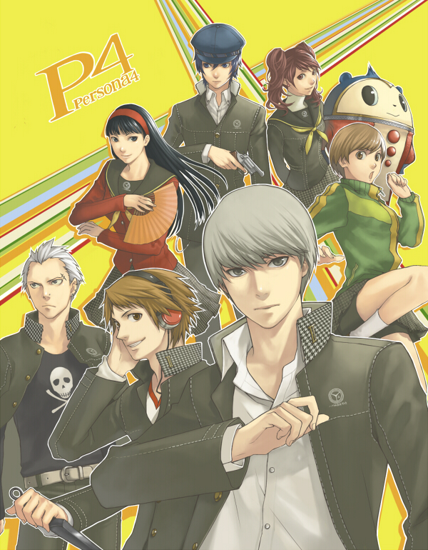 minato (robin), amagi yukiko, hanamura yousuke, kujikawa rise, kuma (persona 4), narukami yu, satonaka chie, shirogane naoto, tatsumi kanji, atlus, persona, persona 4, silver hair, bad id, bad pixiv id, 3boys, 4girls, androgynous, black hair, brown hair, copyright name, everyone, gakuran, hair ribbon, hairband, headphones, jacket, long hair, long sleeves, looking at viewer, multiple boys, multiple girls, ribbon, school uniform, simple background, track jacket, twintails, very long hair, yellow background