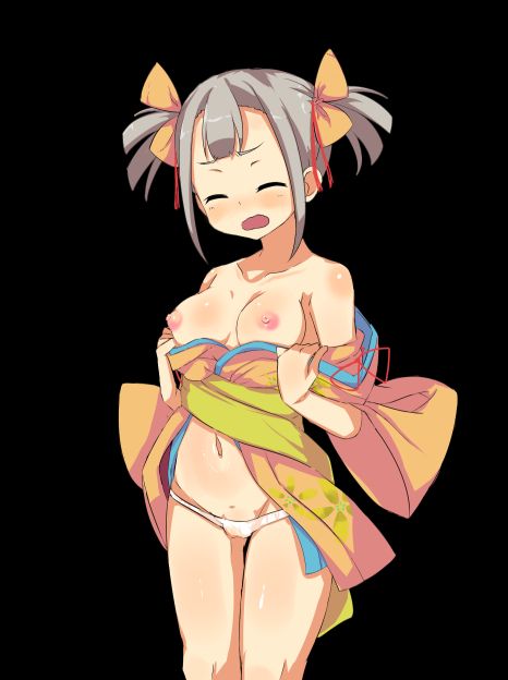 game cg, variant set, 1girl, anime coloring, bare shoulders, black background, blush, bow, breasts, closed eyes, collarbone, cowboy shot, detached sleeves, embarrassed, grey hair, hair between eyes, hair bow, japanese clothes, kimono, looking at viewer, medium breasts, mizuha (toraware no kami-sama), navel, nipples, no pants, obi, open clothes, open kimono, open mouth, opened by self, panties, sash, short hair, short kimono, simple background, sleeveless, sleeveless kimono, solo, standing, tachi-e, tachinori buranko, thighs, toraware no kami-sama to tabi no shoujo, twintails, underwear, v-shaped eyebrows, wavy mouth, white panties, wide sleeves, yellow bow, yellow kimono, yellow sash